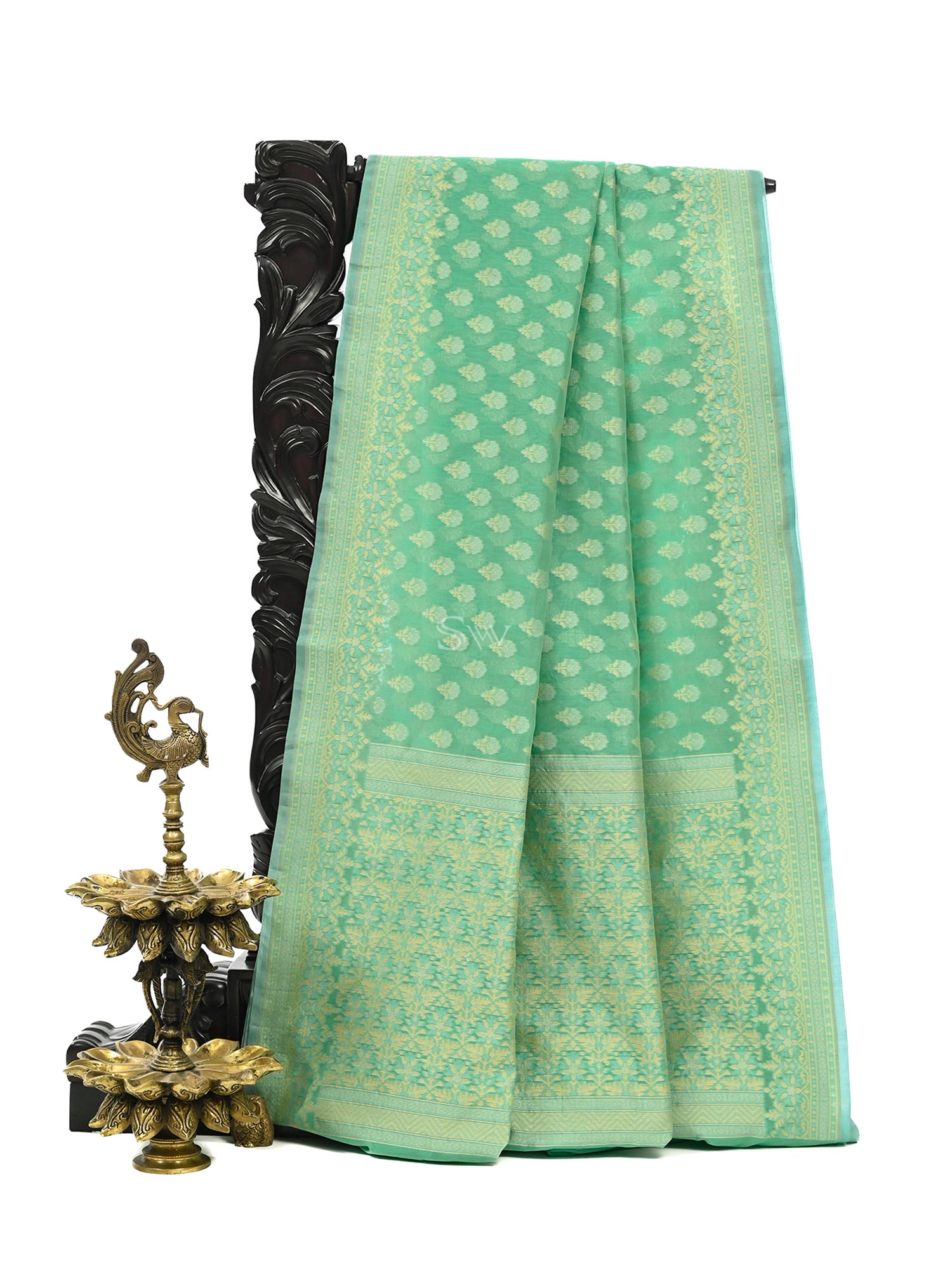Sea Green Meenakari Booti Cotton Silk Handloom Banarasi Saree - Sacred Weaves