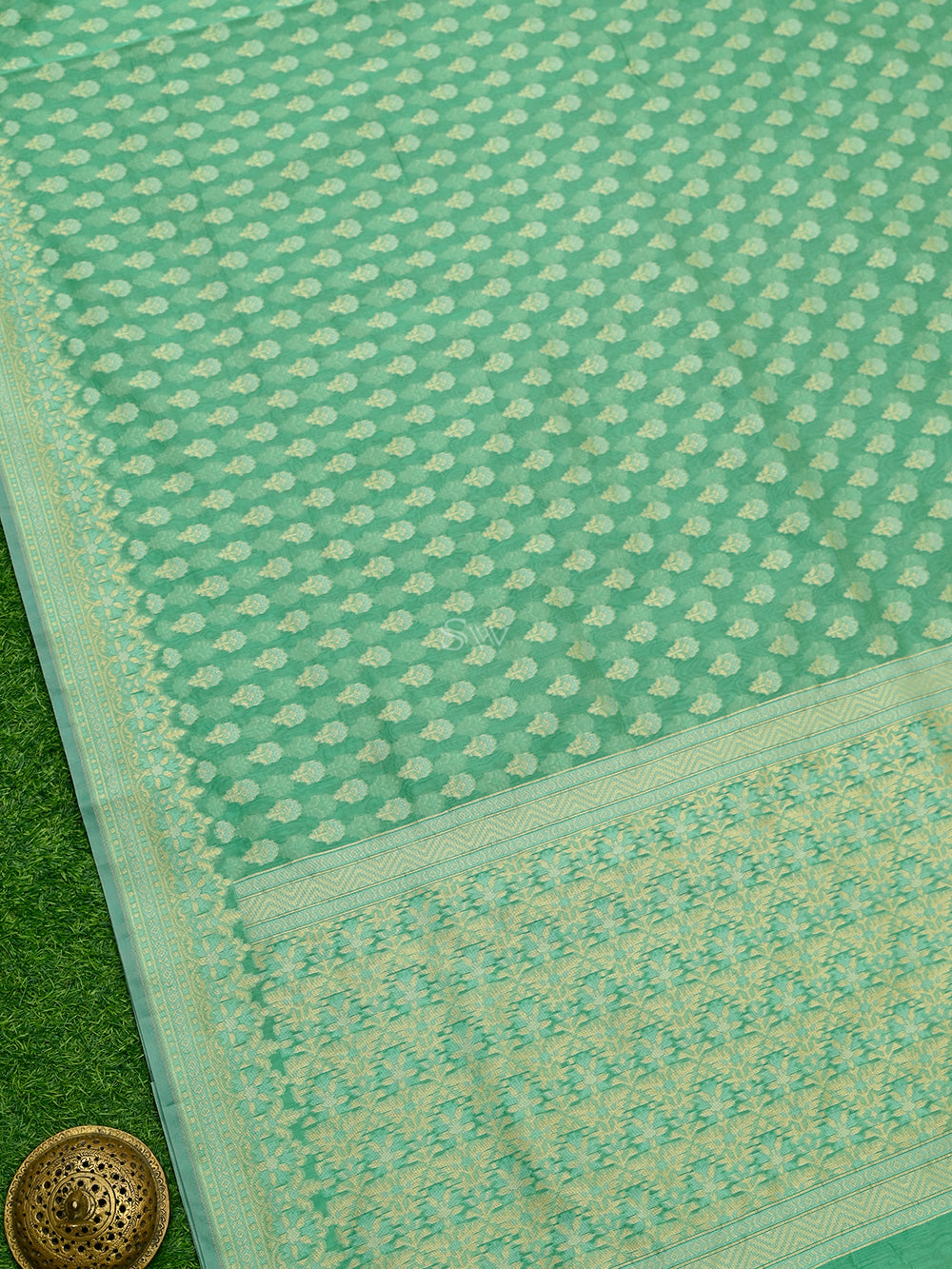 Sea Green Meenakari Booti Cotton Silk Handloom Banarasi Saree - Sacred Weaves