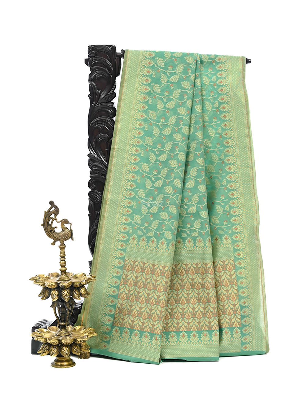 Sea Green Meenakari Jaal Cotton Silk Handloom Banarasi Saree - Sacred Weaves