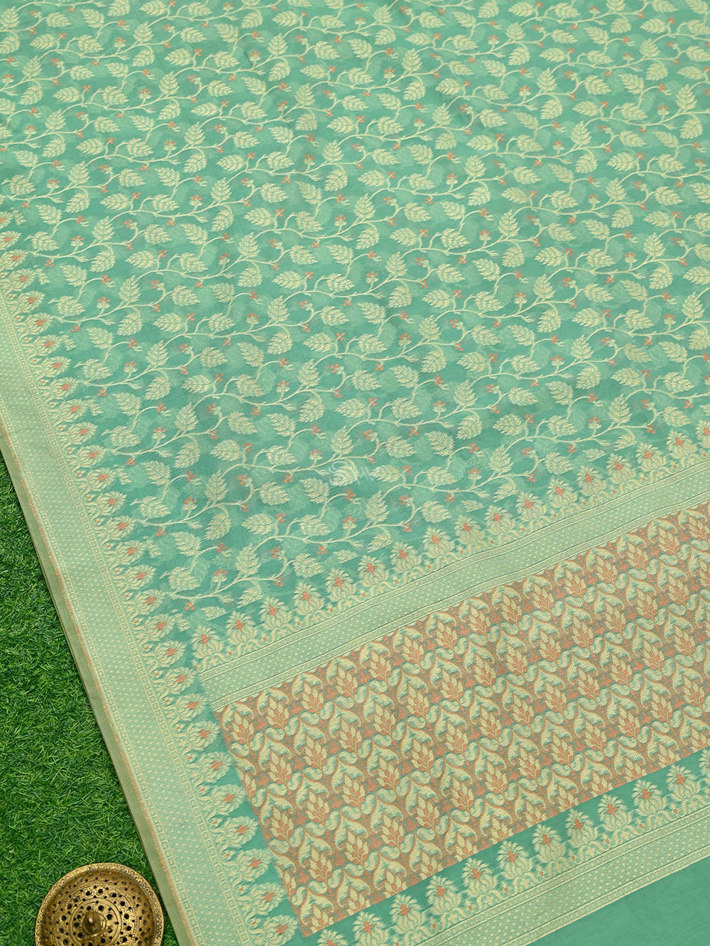Sea Green Meenakari Jaal Cotton Silk Handloom Banarasi Saree - Sacred Weaves