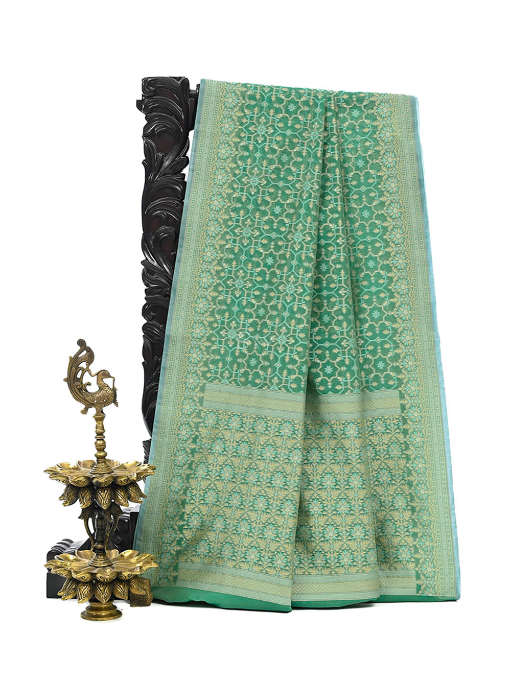 Green Meenakari Jaal Cotton Silk Handloom Banarasi Saree - Sacred Weaves