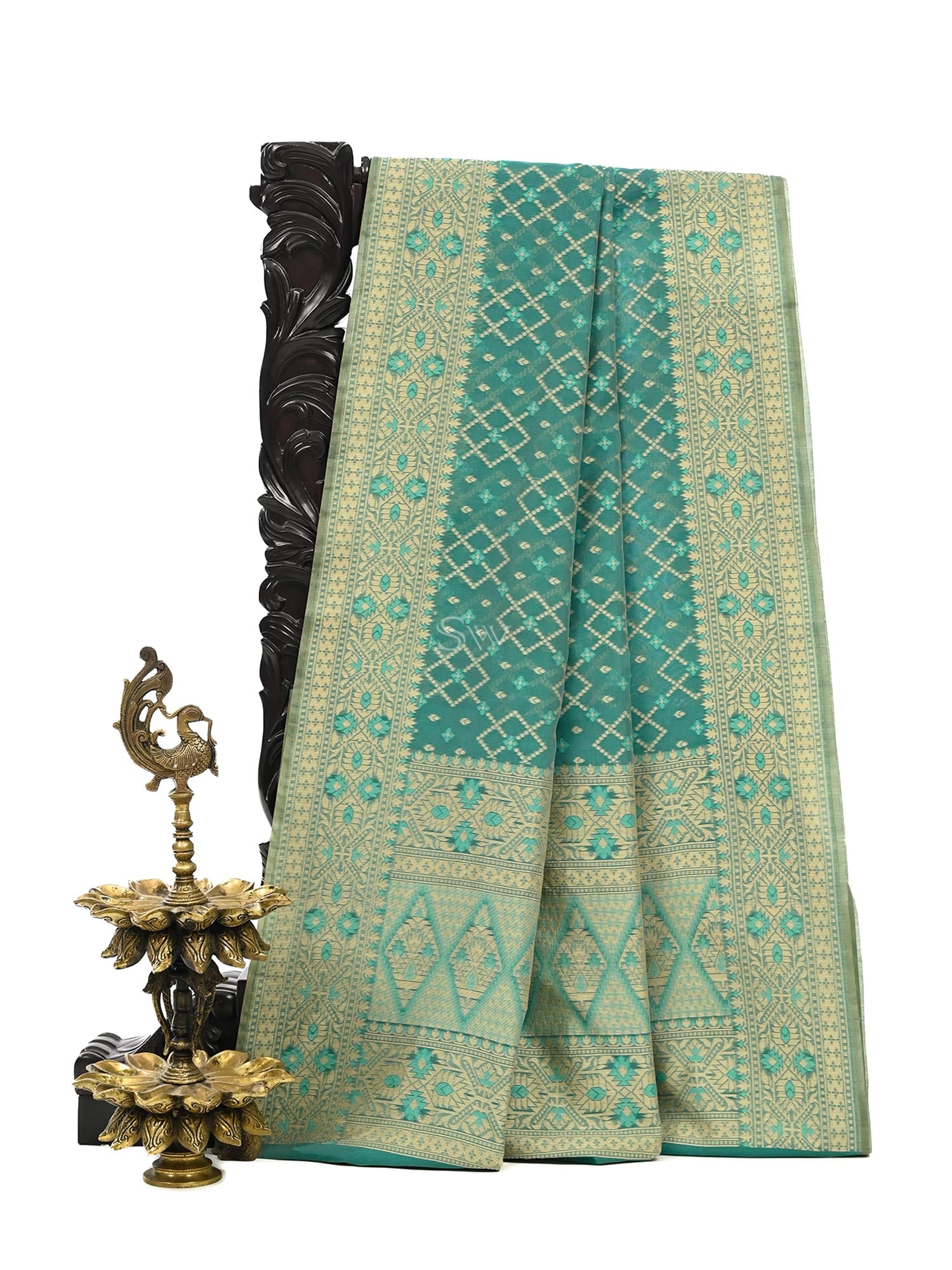 Aqua Green Meenakari Jaal Cotton Silk Handloom Banarasi Saree - Sacred Weaves