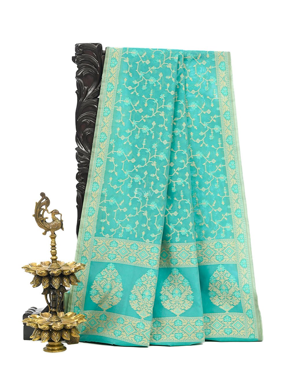 Aqua Green Meenakari Jaal Cotton Silk Handloom Banarasi Saree - Sacred Weaves
