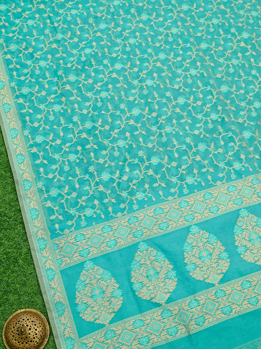 Aqua Green Meenakari Jaal Cotton Silk Handloom Banarasi Saree - Sacred Weaves