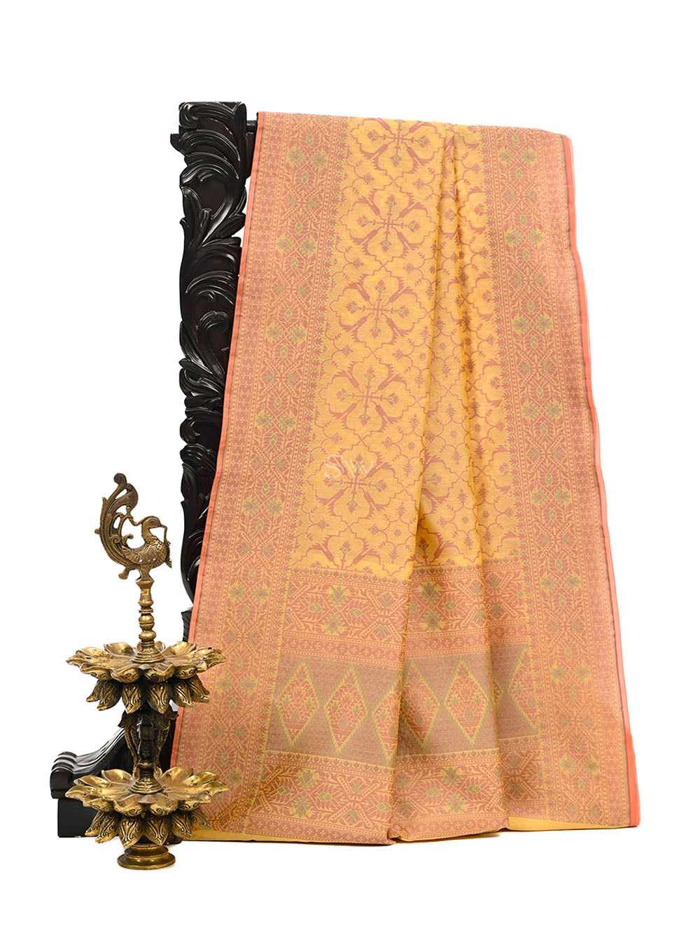 Yellow Meenakari Jaal Cotton Silk Handloom Banarasi Saree - Sacred Weaves