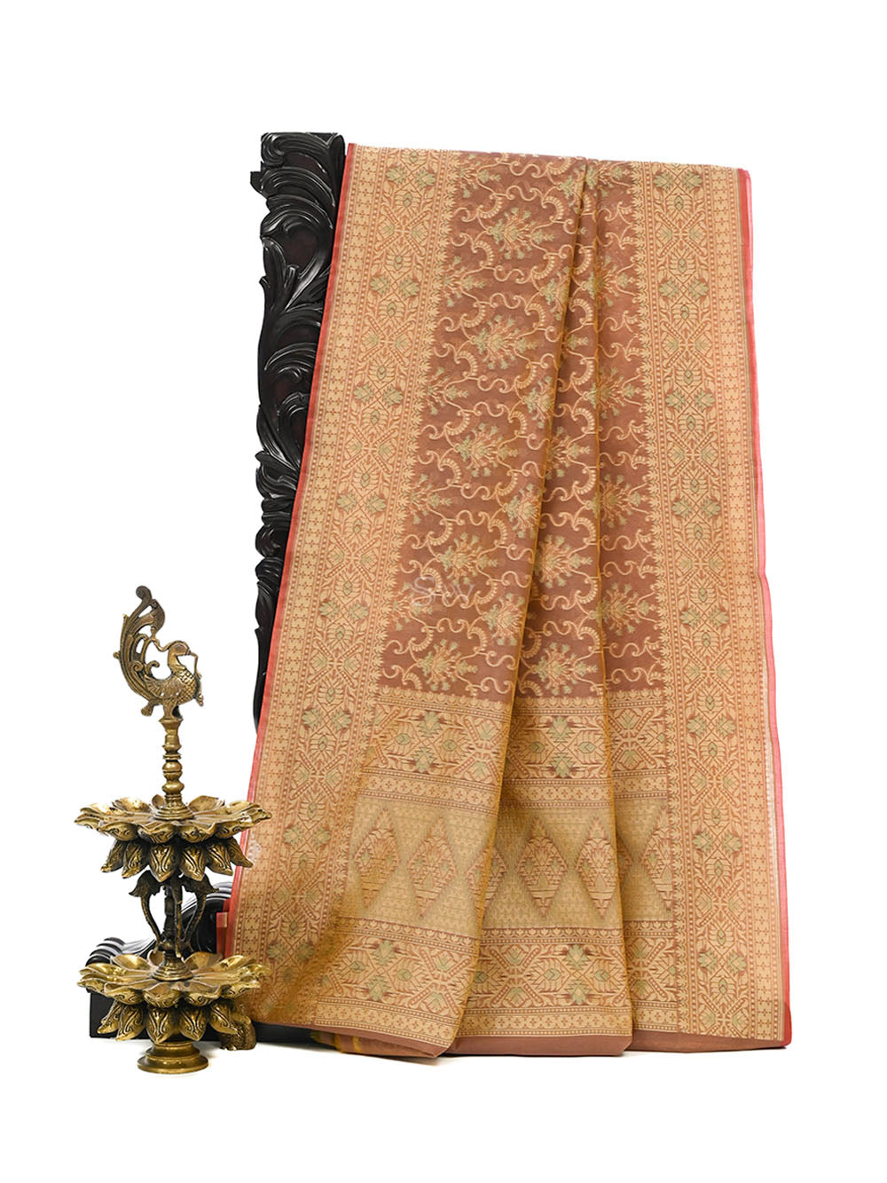 Dusky Pink Mustard Meenakari Jaal Cotton Silk Handloom Banarasi Saree - Sacred Weaves