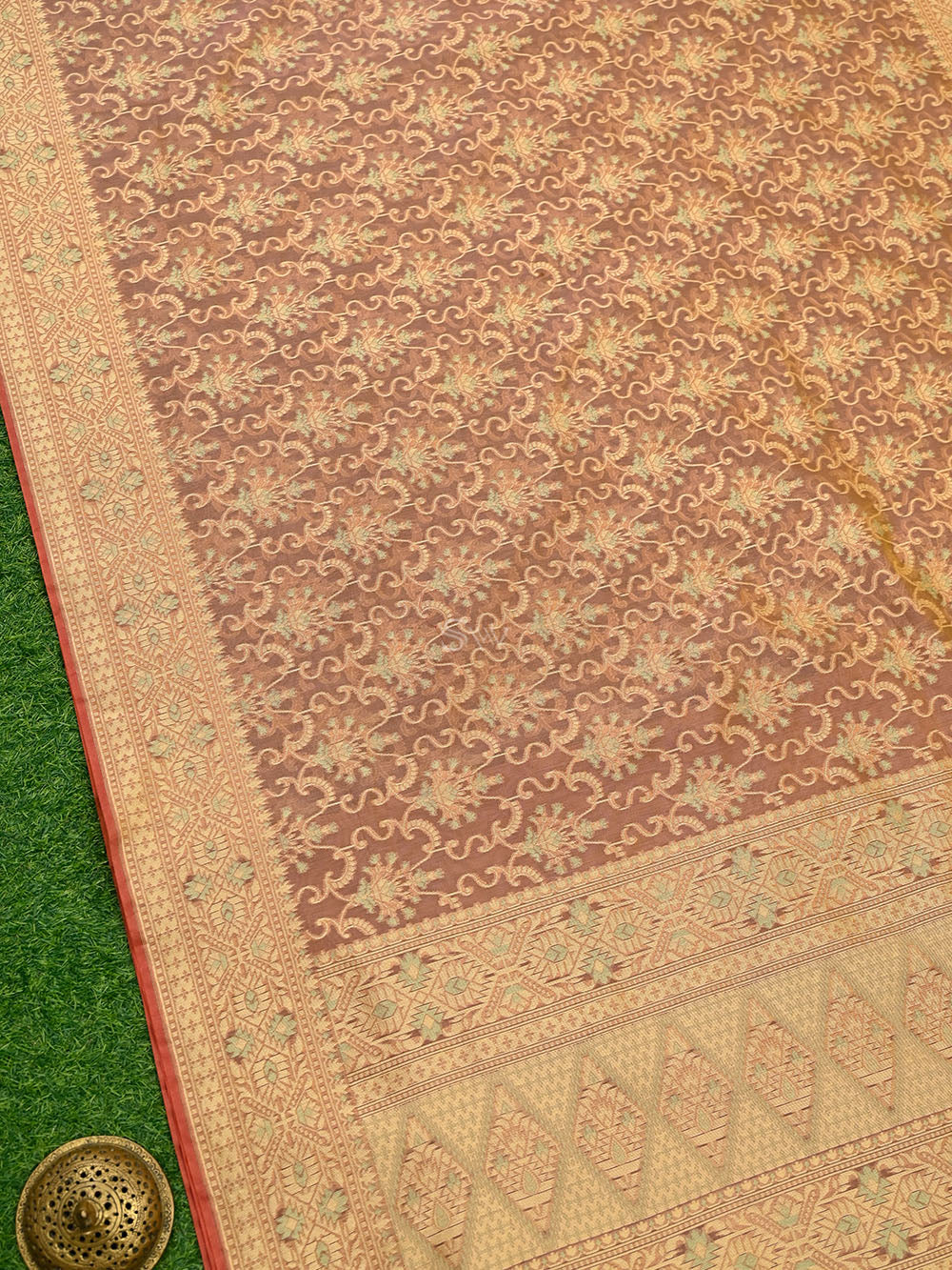 Dusky Pink Mustard Meenakari Jaal Cotton Silk Handloom Banarasi Saree - Sacred Weaves