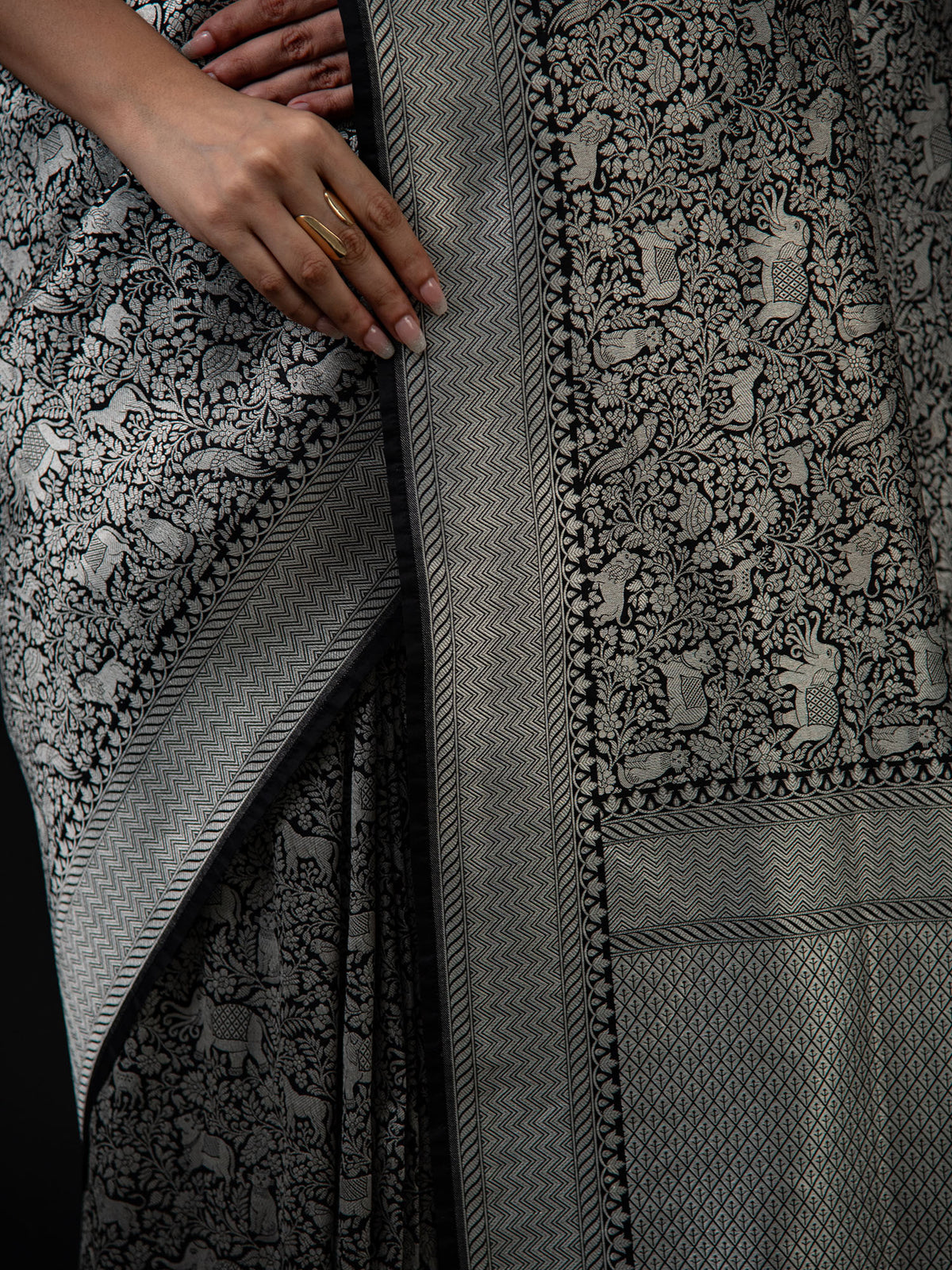 Black Shikargah Katan Silk Brocade Handloom Banarasi Saree - Sacred Weaves