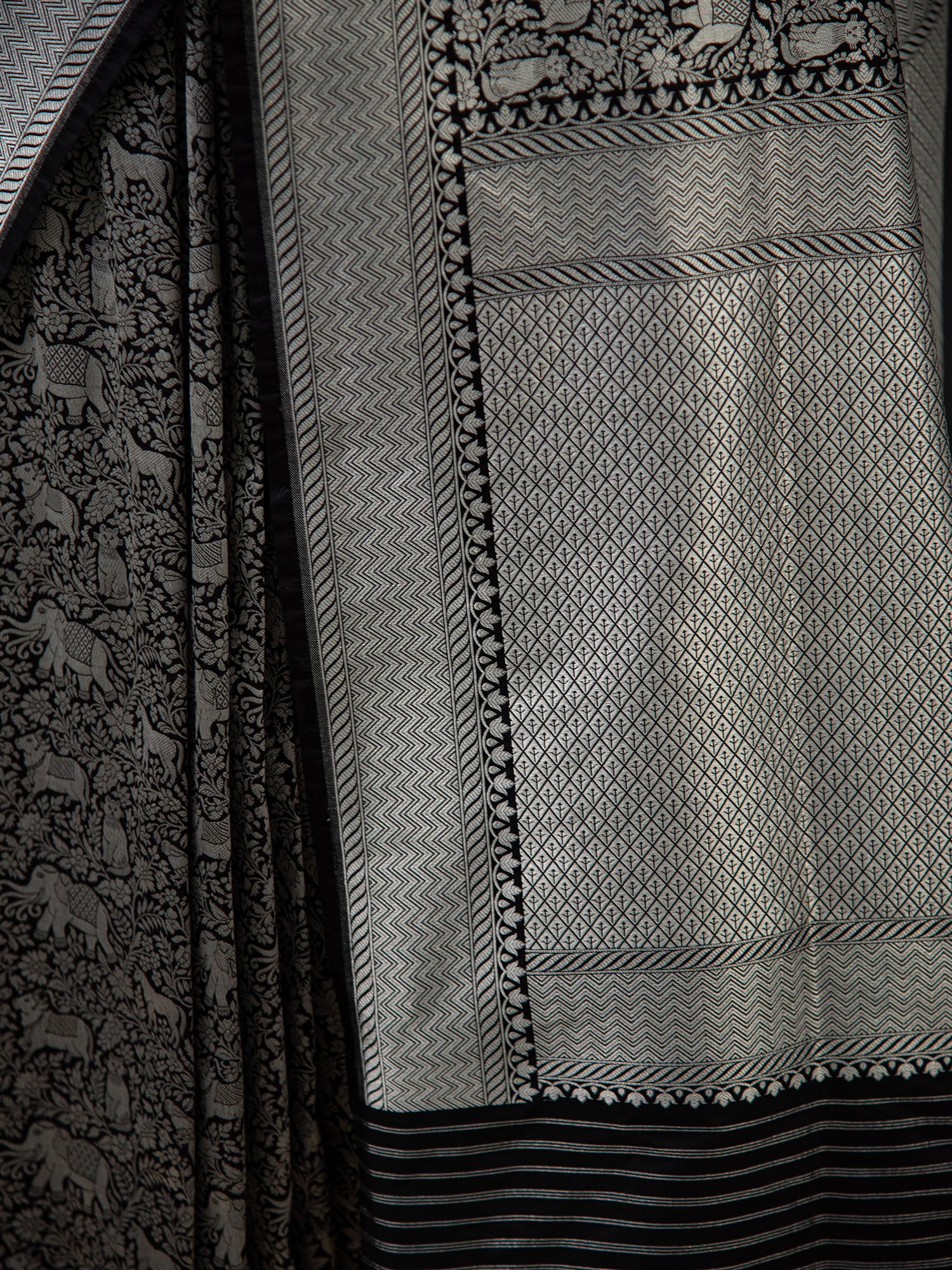 Black Shikargah Katan Silk Brocade Handloom Banarasi Saree - Sacred Weaves