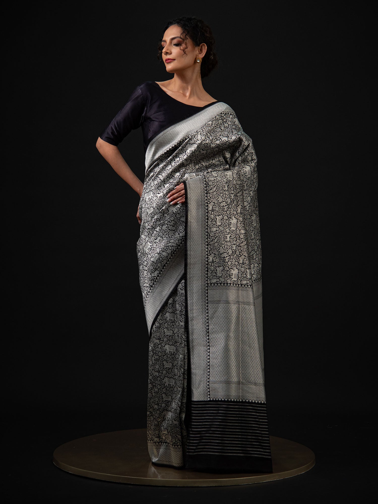 Black Shikargah Katan Silk Brocade Handloom Banarasi Saree - Sacred Weaves