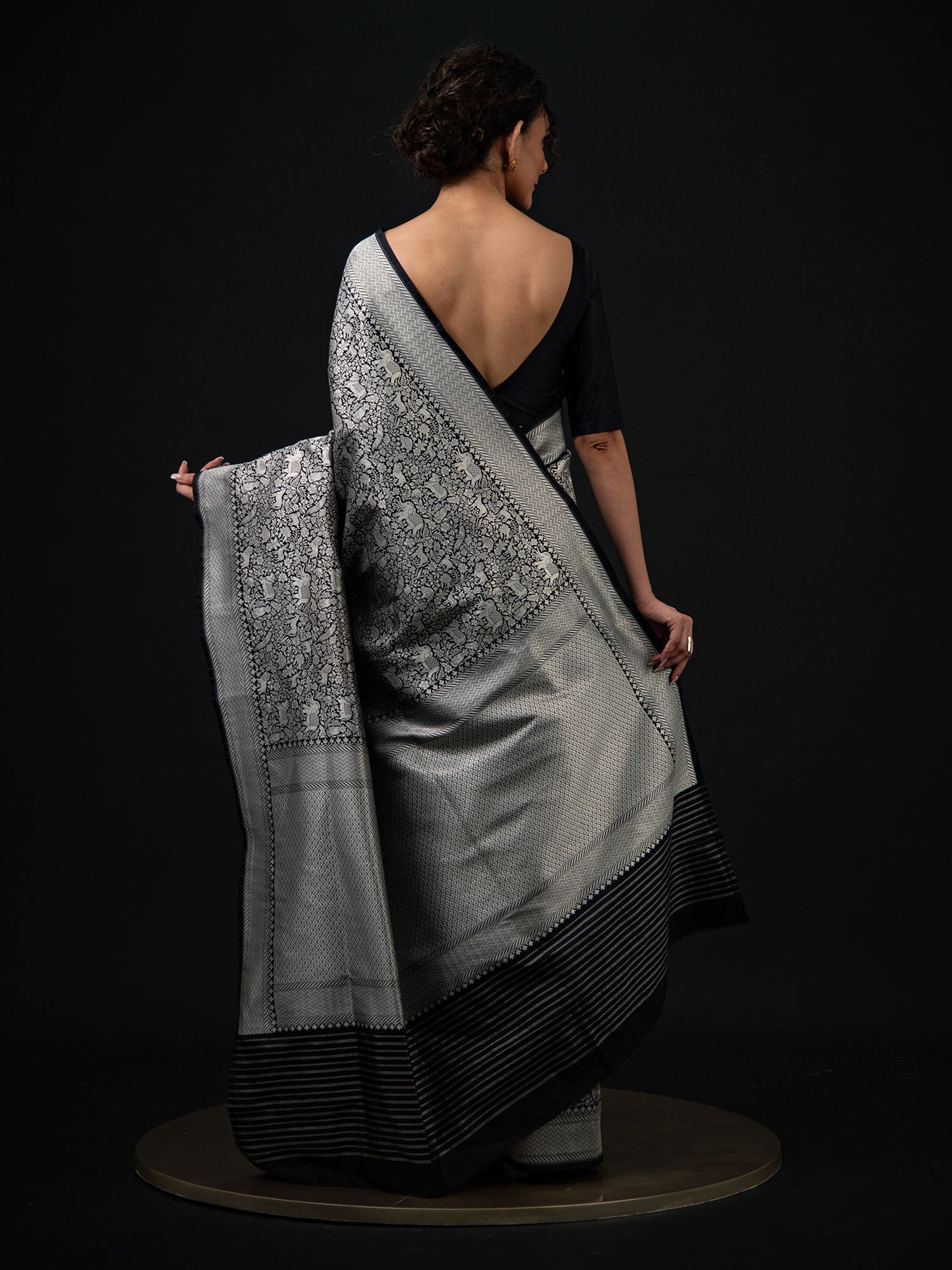 Black Shikargah Katan Silk Brocade Handloom Banarasi Saree - Sacred Weaves