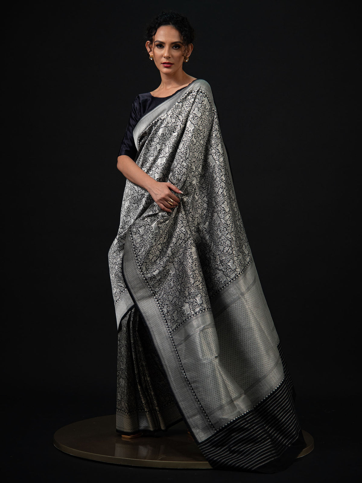 Black Shikargah Katan Silk Brocade Handloom Banarasi Saree - Sacred Weaves