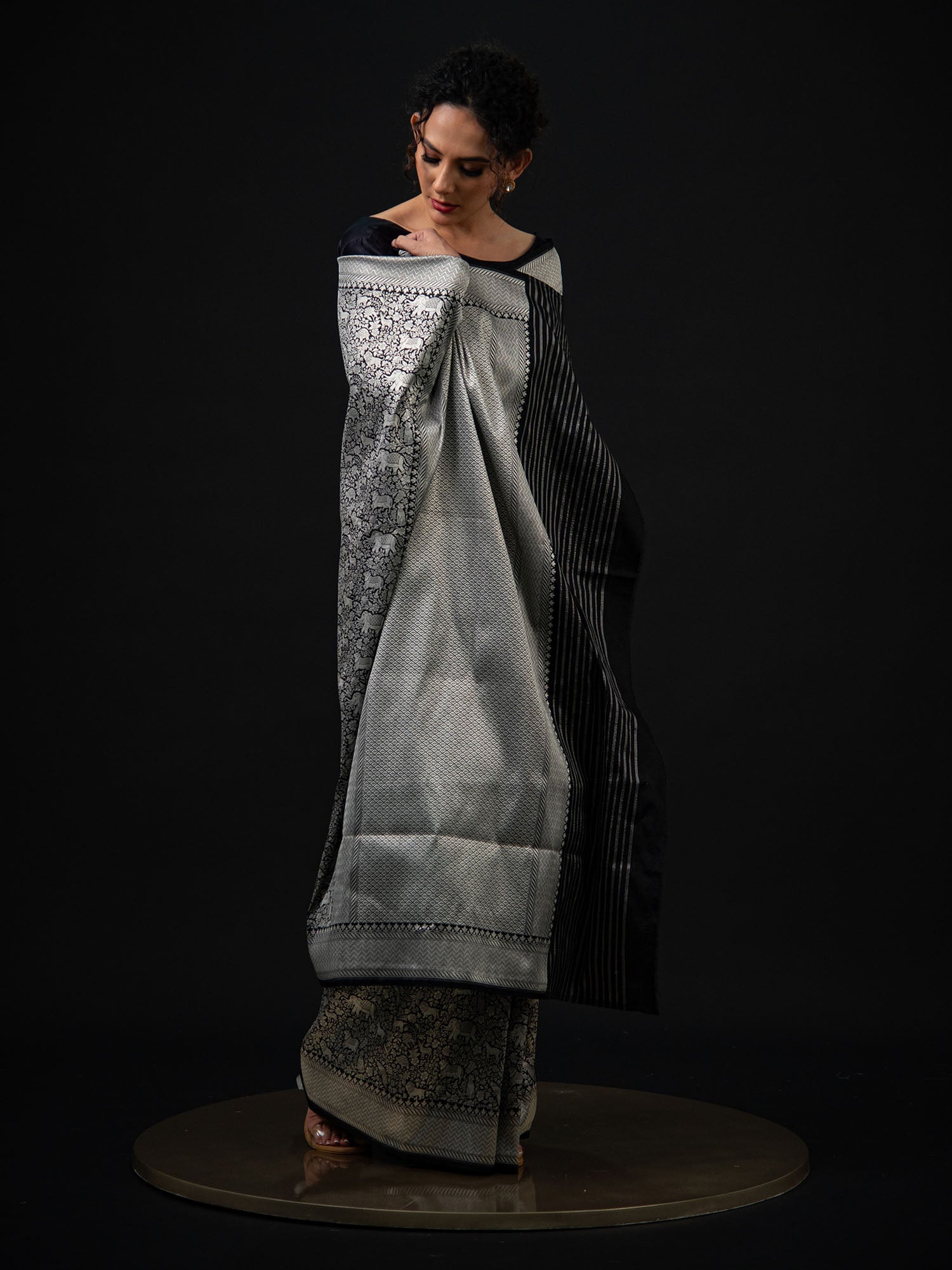 Black Shikargah Katan Silk Brocade Handloom Banarasi Saree - Sacred Weaves
