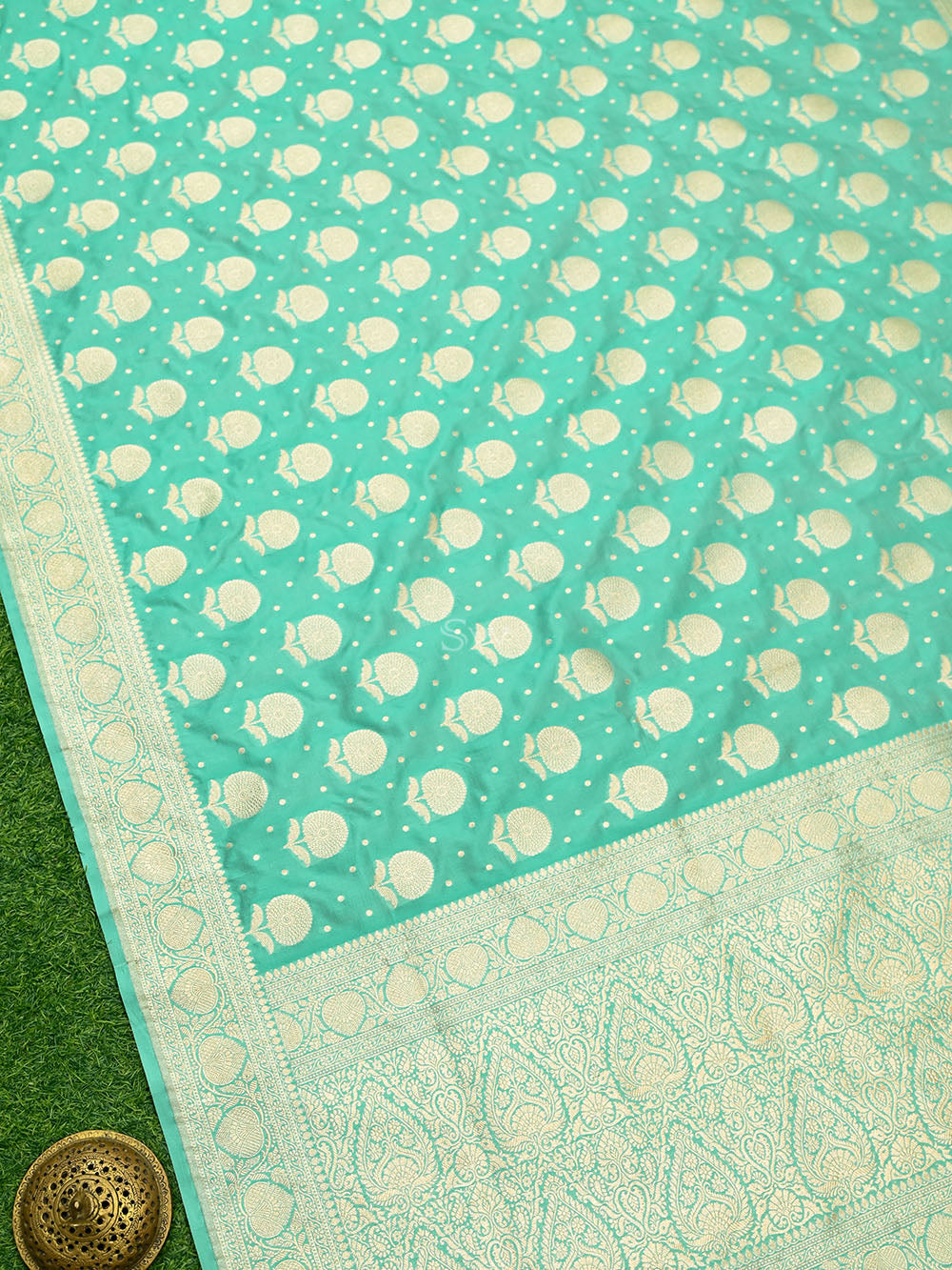 Sea Green Booti Katan Silk Uppada Handloom Banarasi Saree - Sacred Weaves