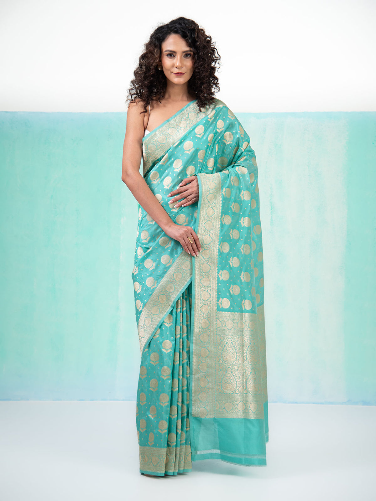 Aqua Blue Booti Katan Silk Uppada Handloom Banarasi Saree - Sacred Weaves