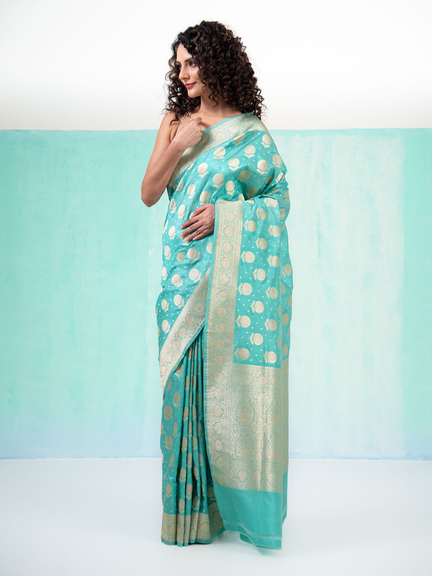 Aqua Blue Booti Katan Silk Uppada Handloom Banarasi Saree - Sacred Weaves