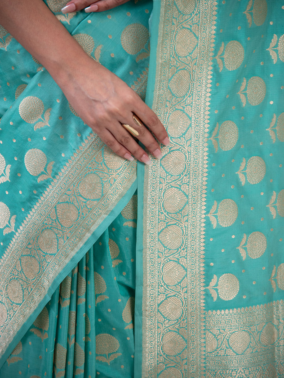 Aqua Blue Booti Katan Silk Uppada Handloom Banarasi Saree - Sacred Weaves
