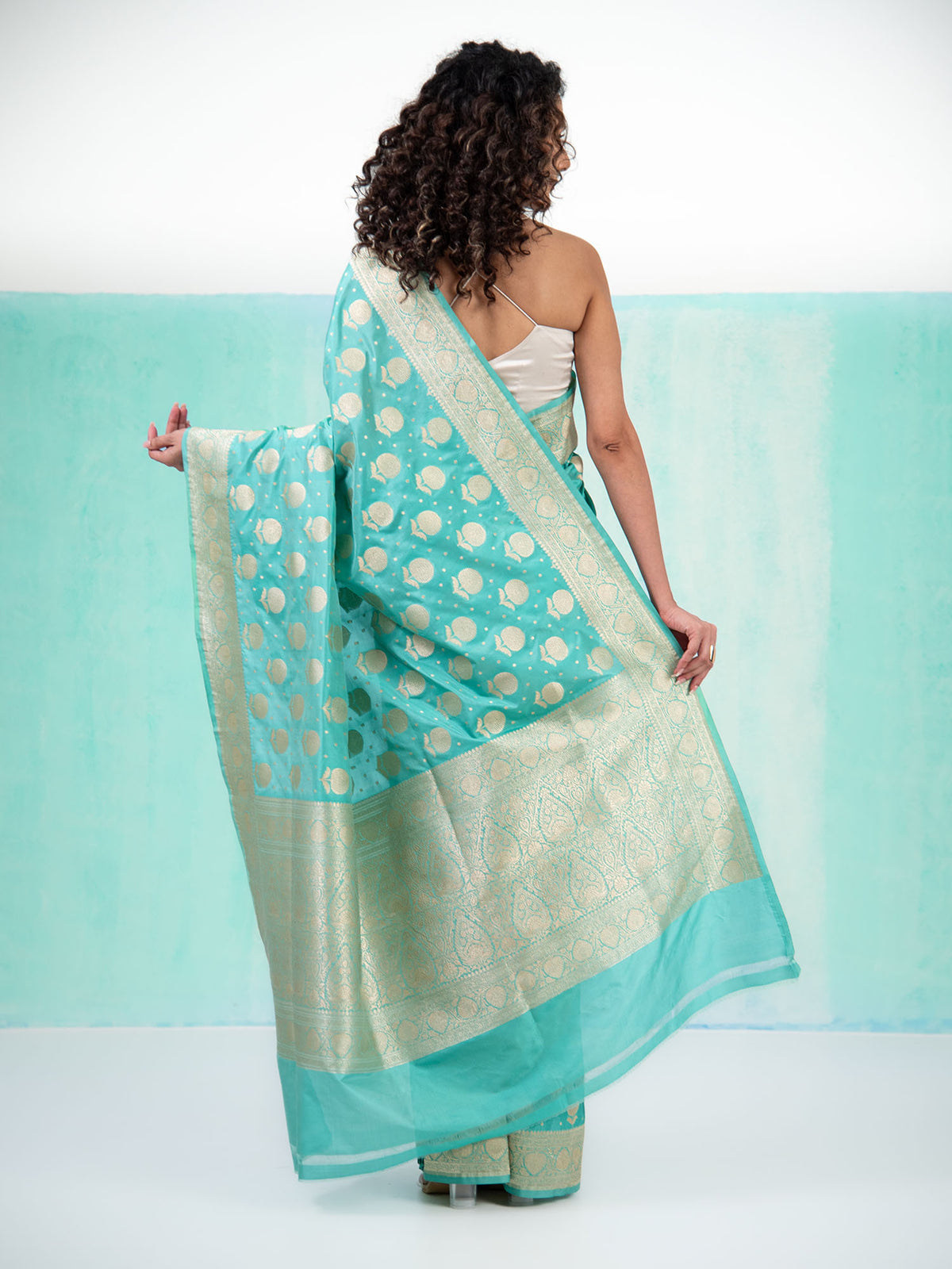 Aqua Blue Booti Katan Silk Uppada Handloom Banarasi Saree - Sacred Weaves