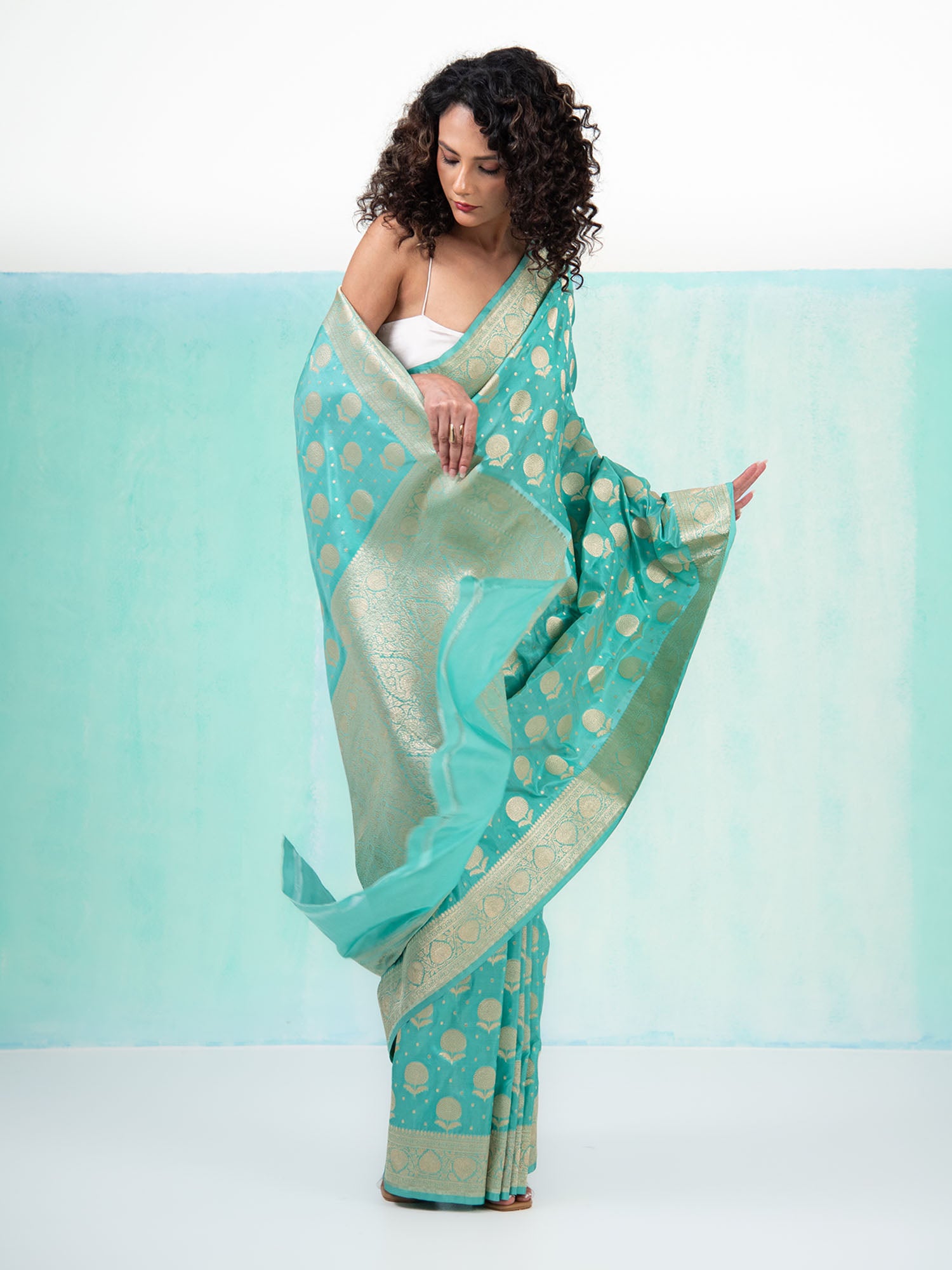 Aqua Blue Booti Katan Silk Uppada Handloom Banarasi Saree - Sacred Weaves