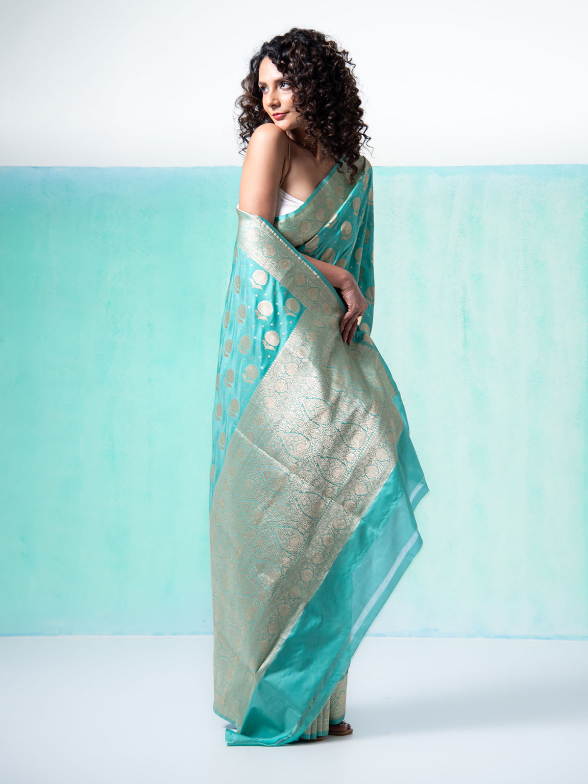 Aqua Blue Booti Katan Silk Uppada Handloom Banarasi Saree - Sacred Weaves