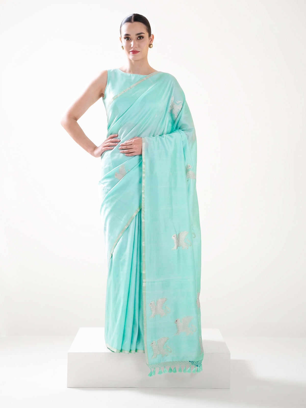 Pastel Blue Shikargah Boota Satin Silk Handloom Banarasi Saree