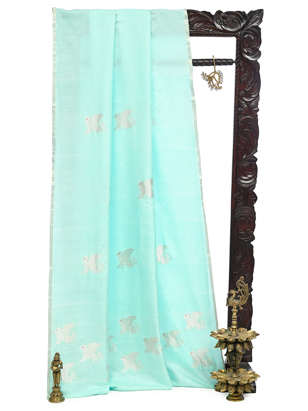 Pastel Blue Shikargah Boota Satin Silk Handloom Banarasi Saree - Sacred Weaves