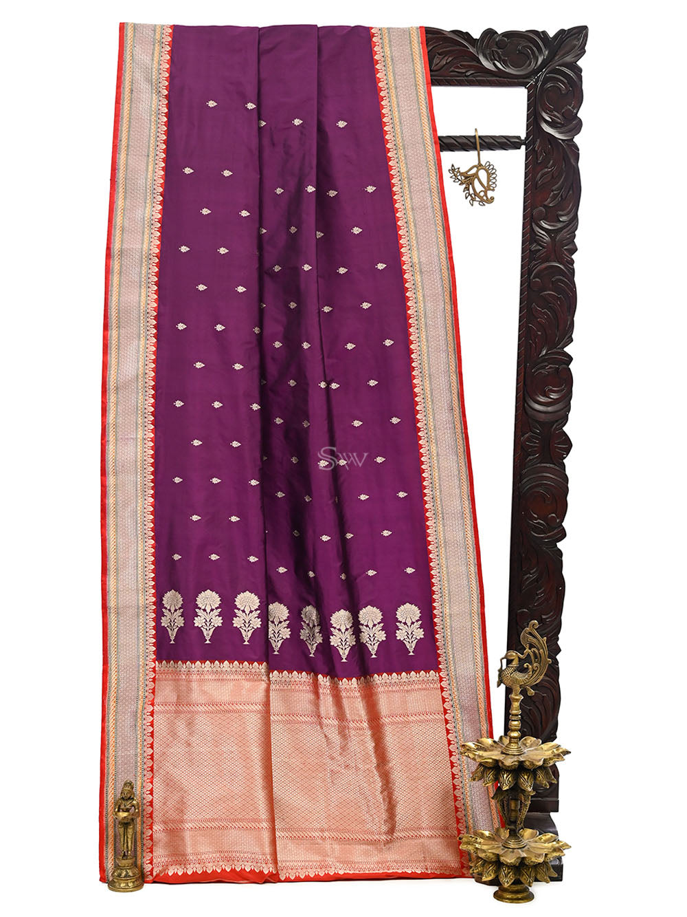 Purple Booti Katan Silk Handloom Banarasi Saree - Sacred Weaves