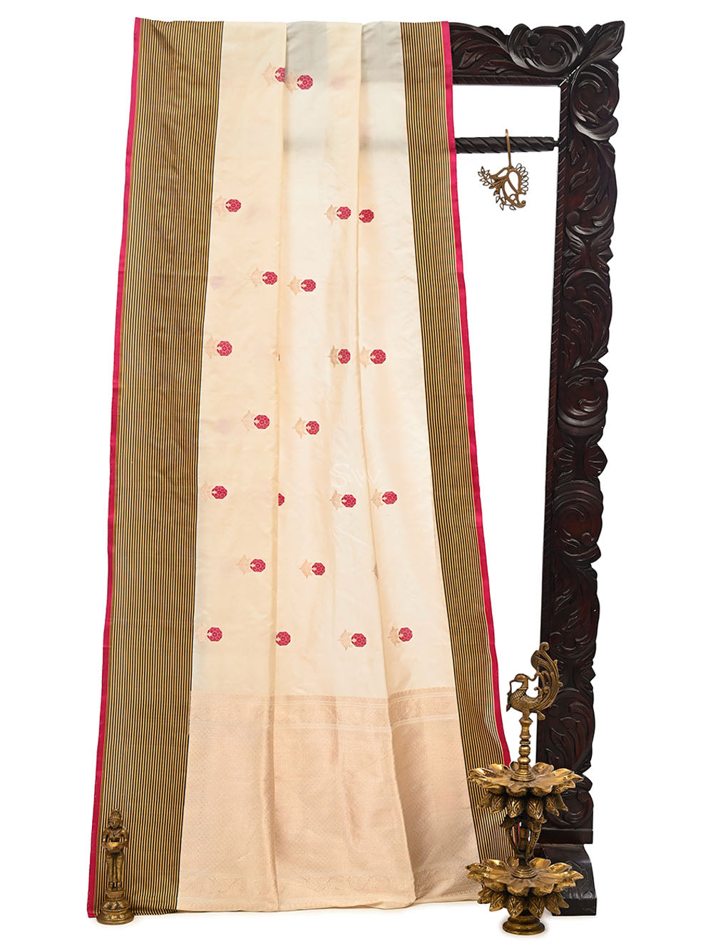 Cream Meenakari Katan Silk Handloom Banarasi Saree - Sacred Weaves