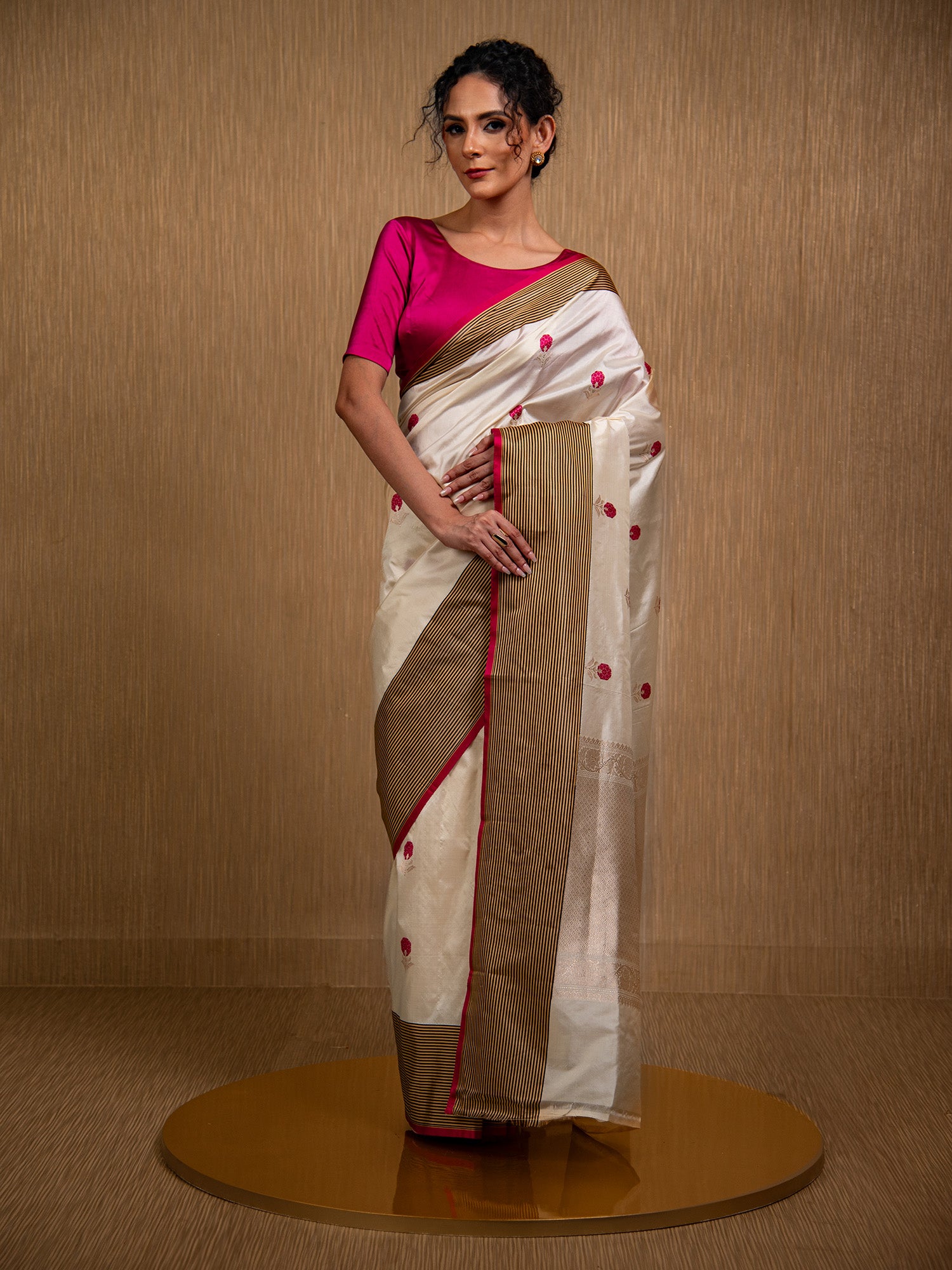 Cream Meenakari Katan Silk Handloom Banarasi Saree - undefined