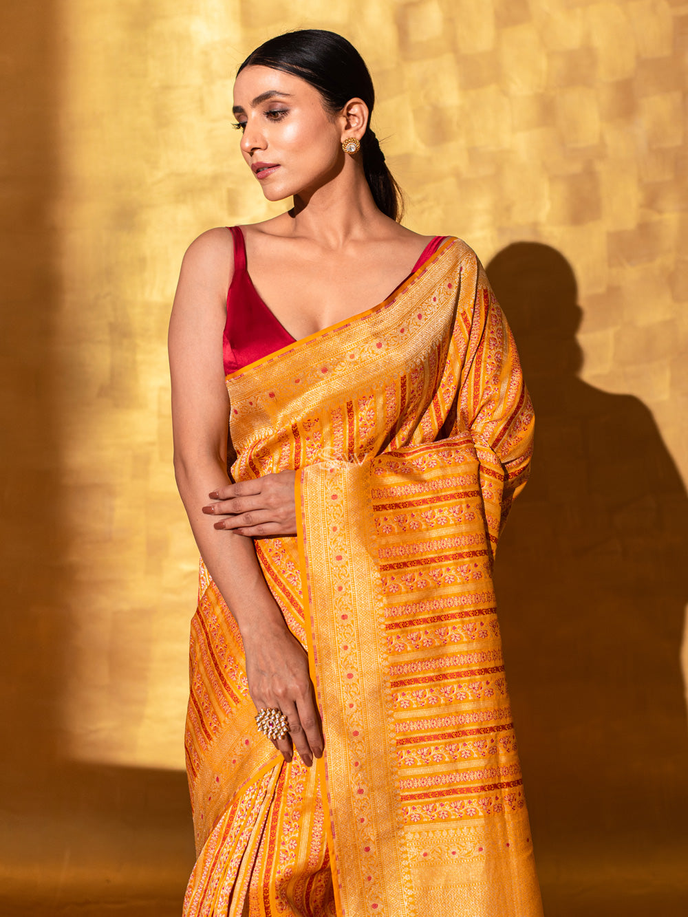 Mustard Meenakari Katan Silk Handloom Banarasi Saree - Sacred Weaves