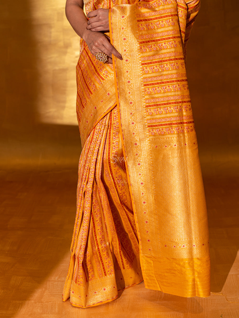 Mustard Meenakari Katan Silk Handloom Banarasi Saree - Sacred Weaves