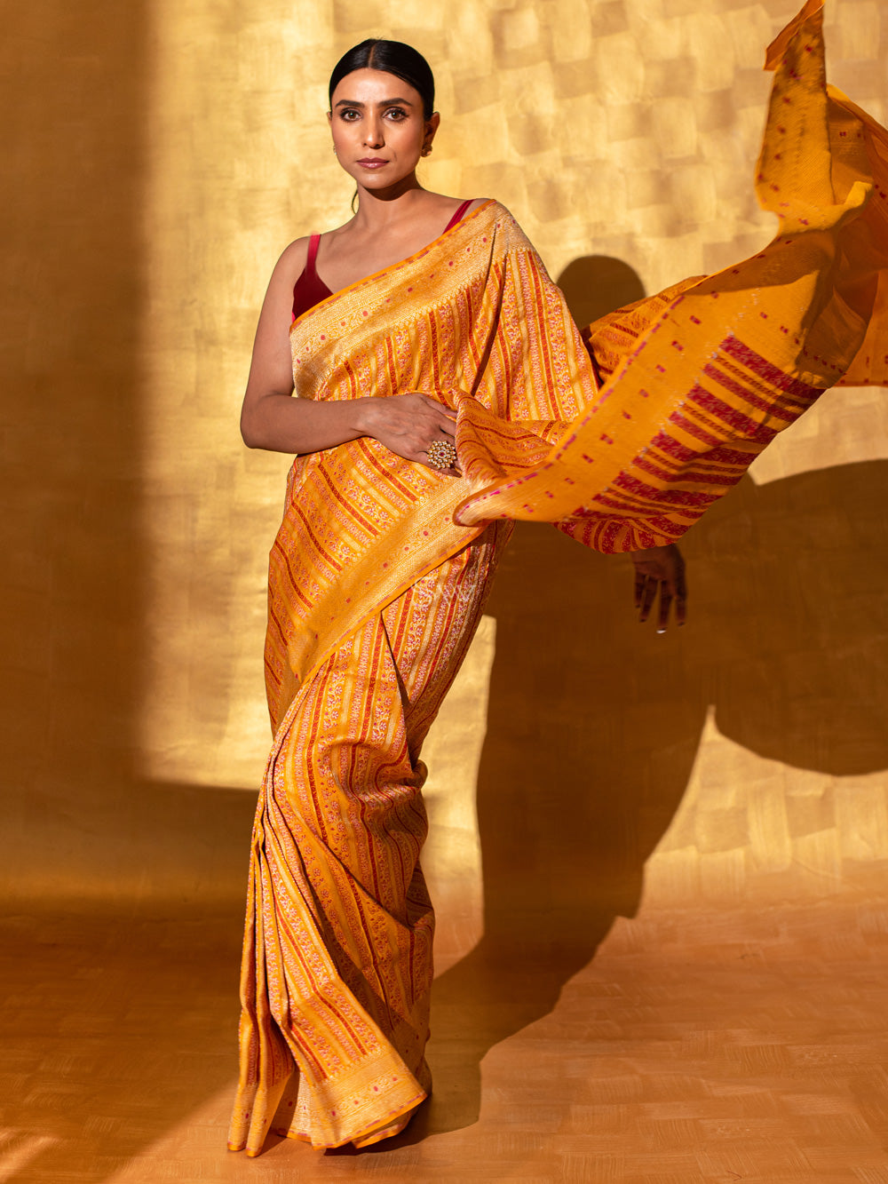 Mustard Meenakari Katan Silk Handloom Banarasi Saree - Sacred Weaves