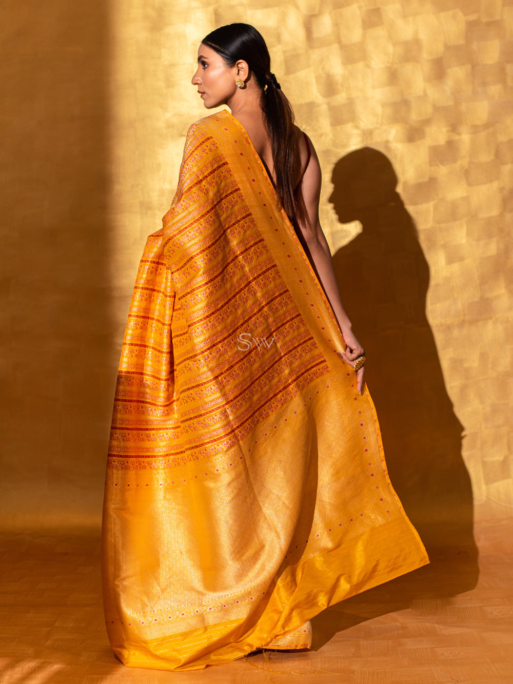 Mustard Meenakari Katan Silk Handloom Banarasi Saree - Sacred Weaves