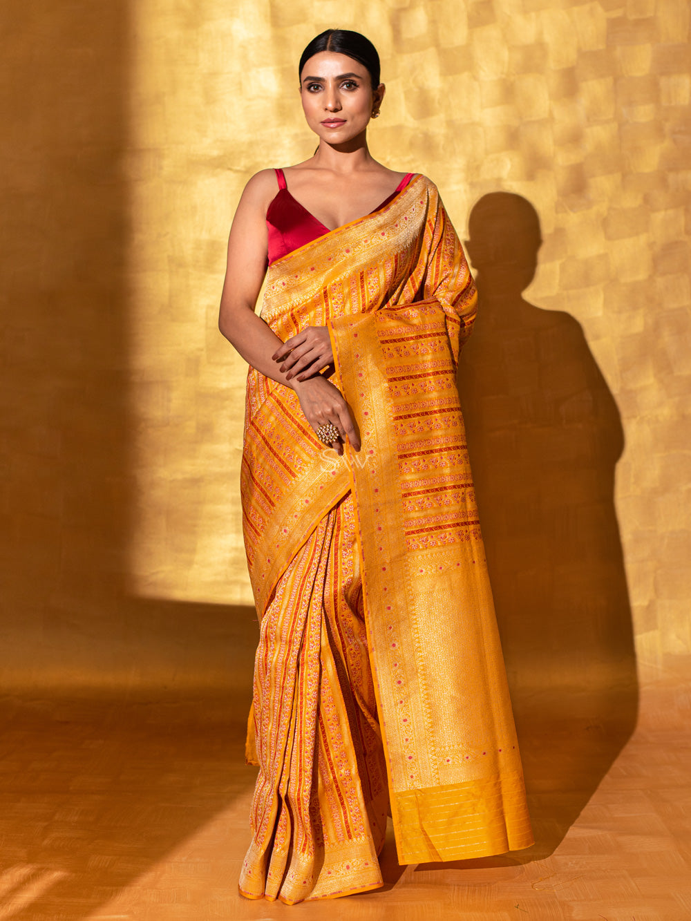 Mustard Meenakari Katan Silk Handloom Banarasi Saree - Sacred Weaves