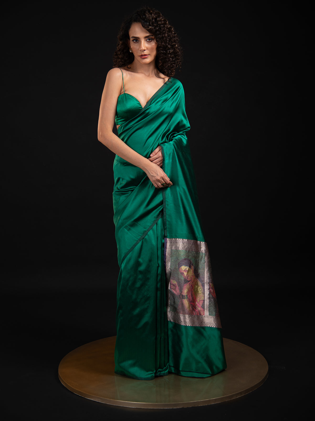 Bottle Green Plain Satin Silk Handloom Banarasi Saree - Sacred Weaves