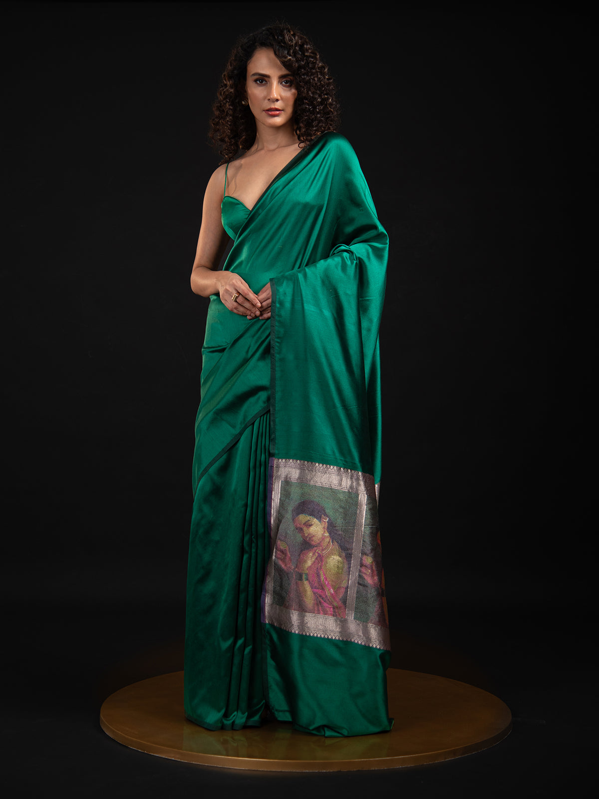 Bottle Green Plain Satin Silk Handloom Banarasi Saree - Sacred Weaves