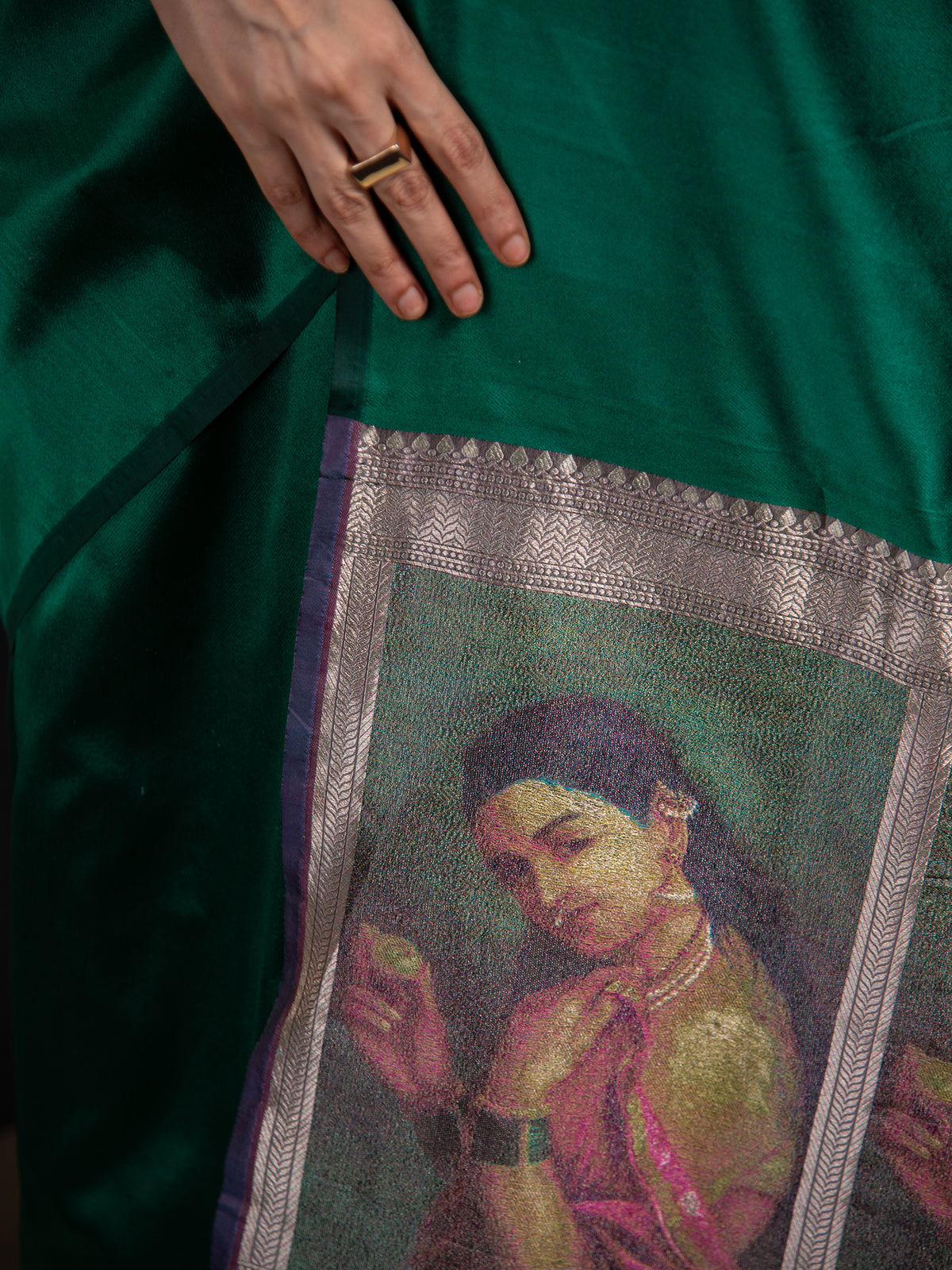 Bottle Green Plain Satin Silk Handloom Banarasi Saree - Sacred Weaves