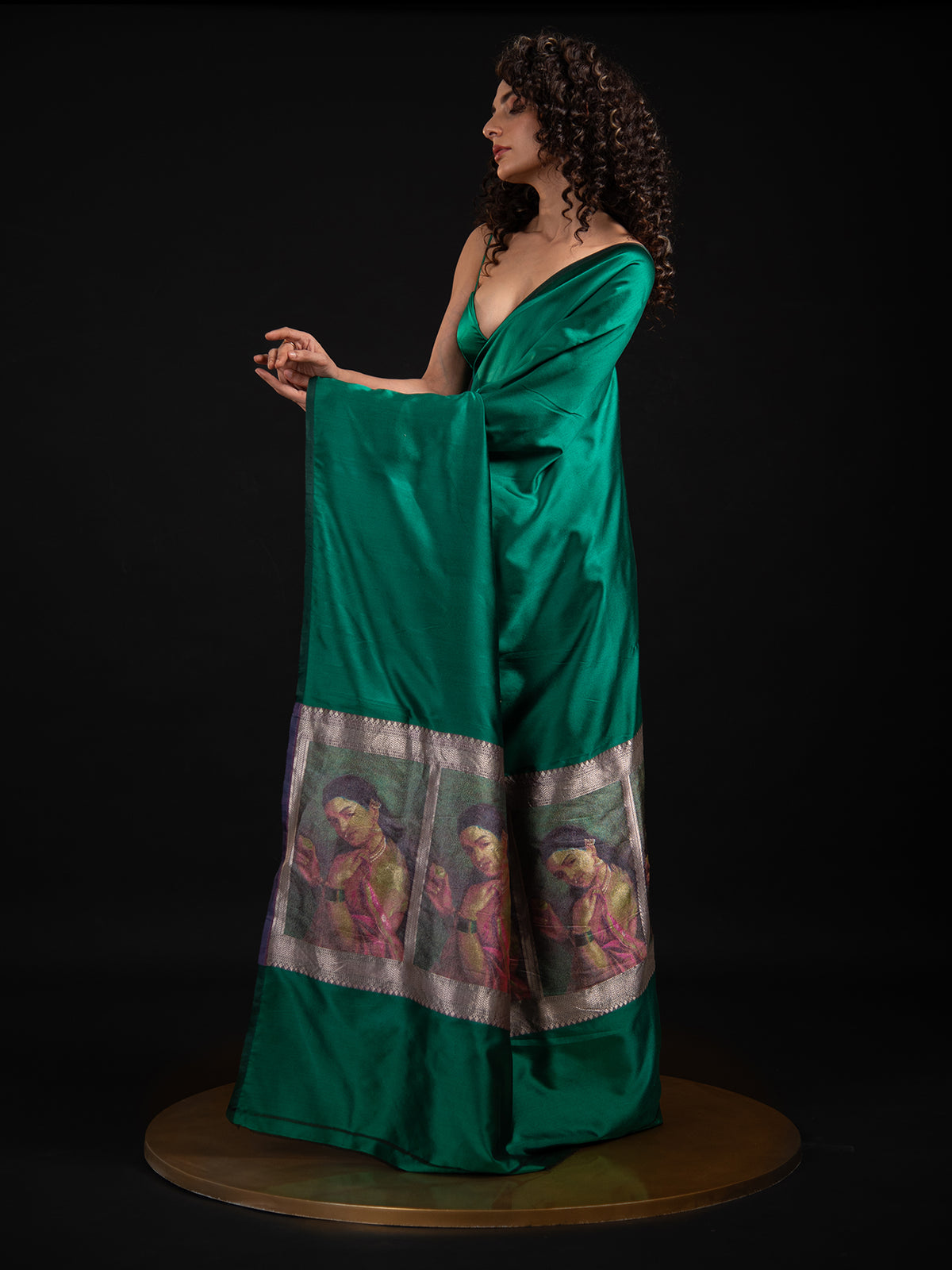 Bottle Green Plain Satin Silk Handloom Banarasi Saree - Sacred Weaves