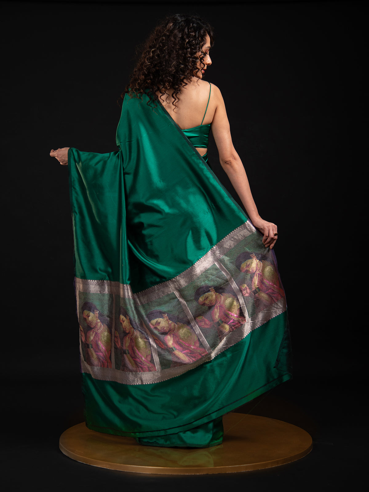 Bottle Green Plain Satin Silk Handloom Banarasi Saree - Sacred Weaves