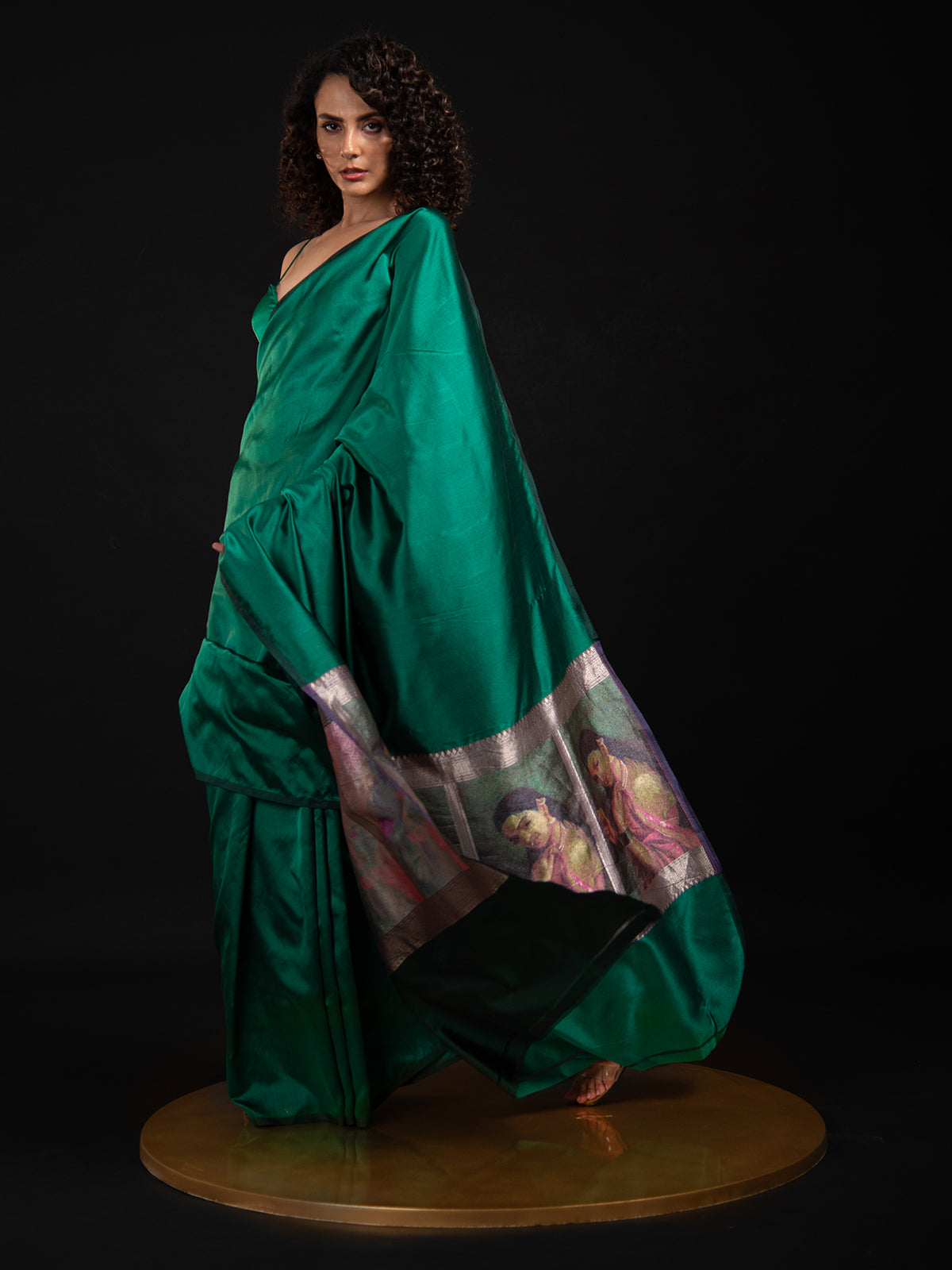 Bottle Green Plain Satin Silk Handloom Banarasi Saree - Sacred Weaves