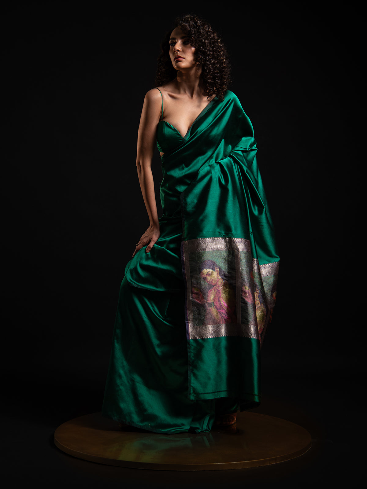 Bottle Green Plain Satin Silk Handloom Banarasi Saree - Sacred Weaves