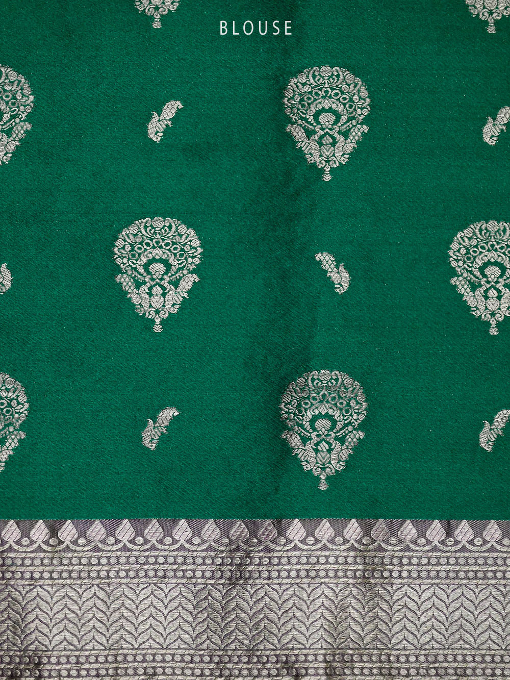 Bottle Green Plain Satin Silk Handloom Banarasi Saree