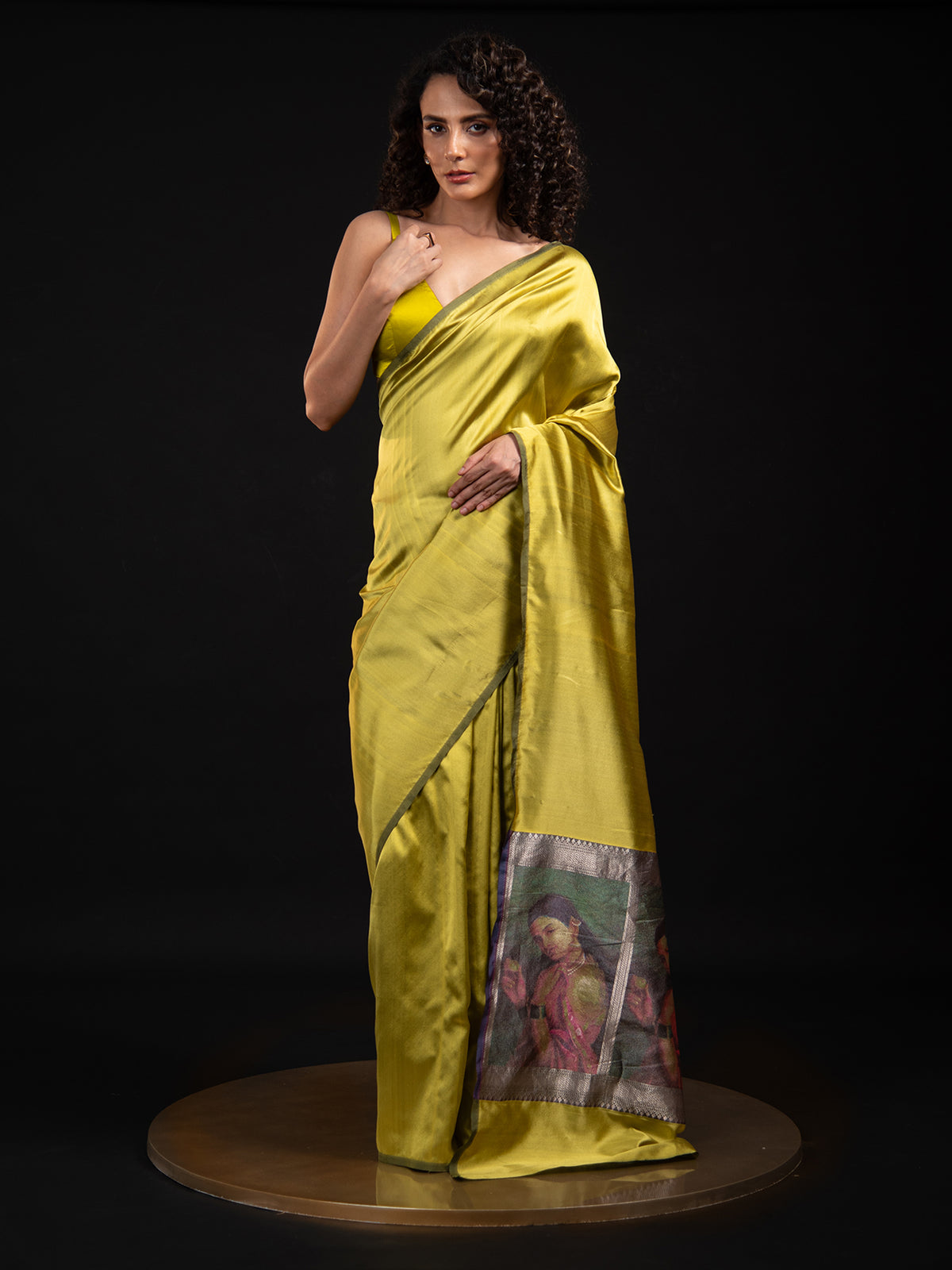 Lime Green Plain Satin Silk Handloom Banarasi Saree - Sacred Weaves