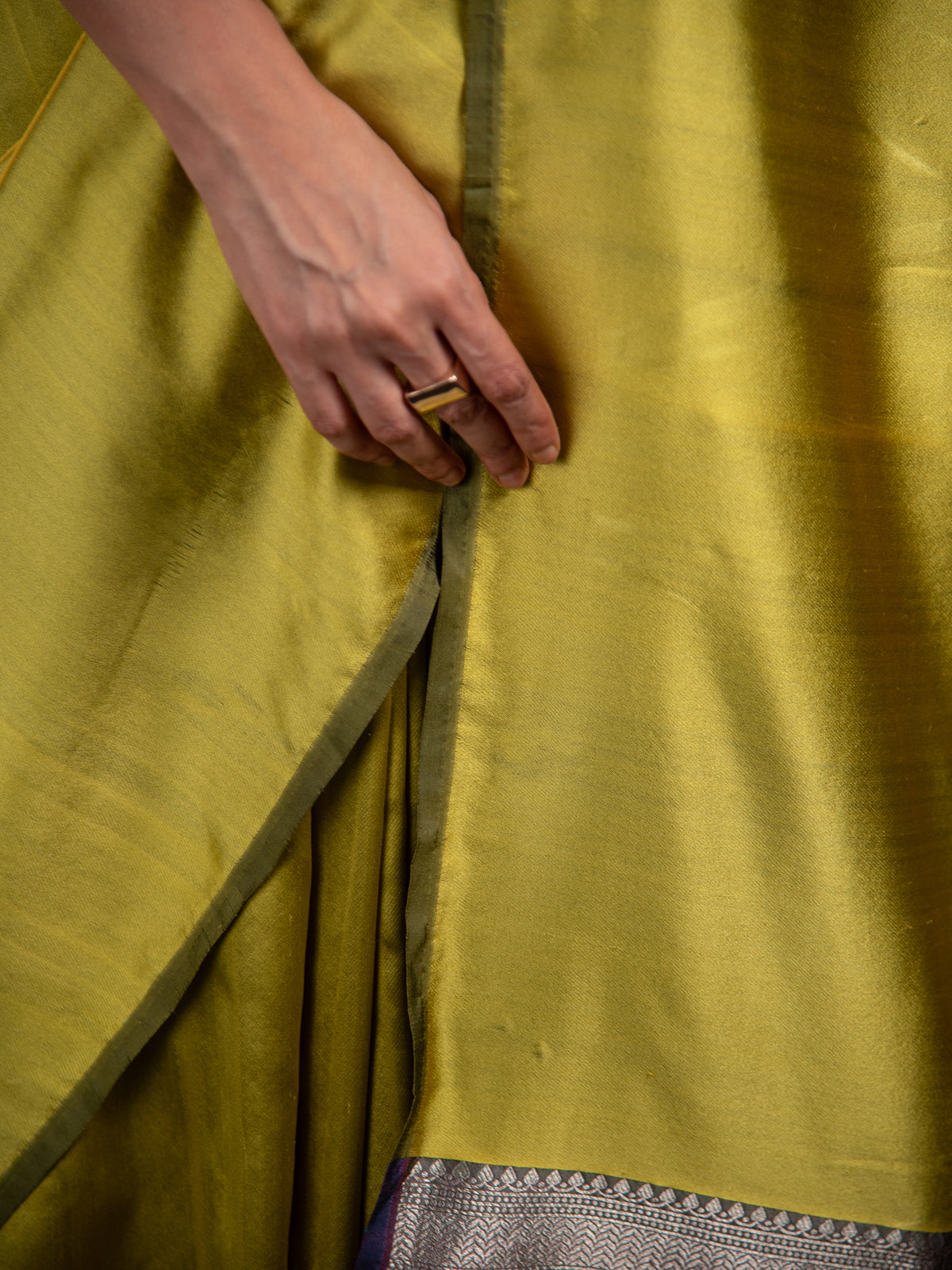 Lime Green Plain Satin Silk Handloom Banarasi Saree - Sacred Weaves