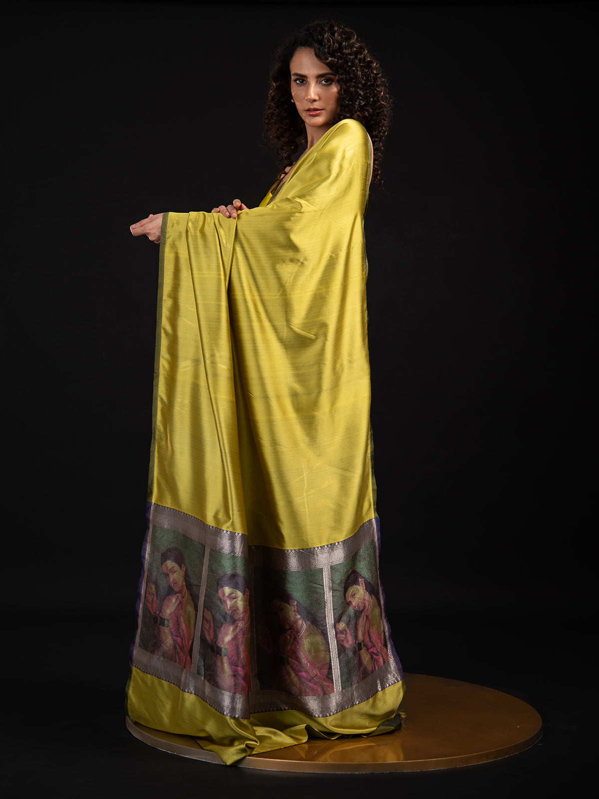 Lime Green Plain Satin Silk Handloom Banarasi Saree - Sacred Weaves
