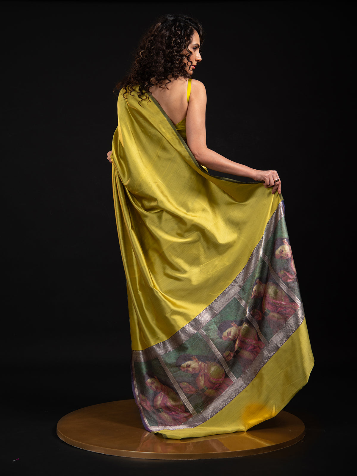 Lime Green Plain Satin Silk Handloom Banarasi Saree - Sacred Weaves