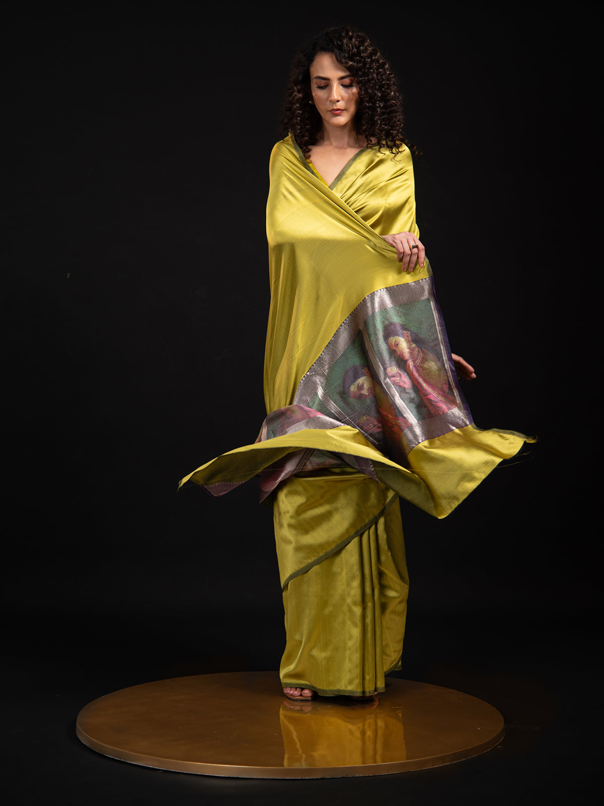 Lime Green Plain Satin Silk Handloom Banarasi Saree - Sacred Weaves