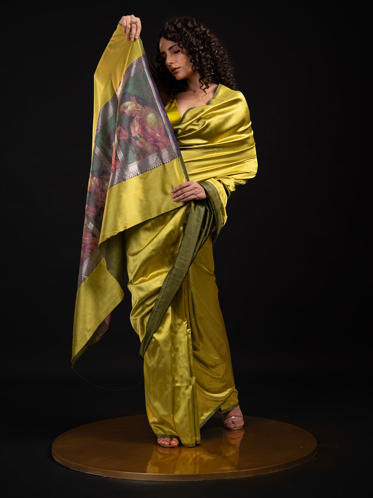 Lime Green Plain Satin Silk Handloom Banarasi Saree - Sacred Weaves