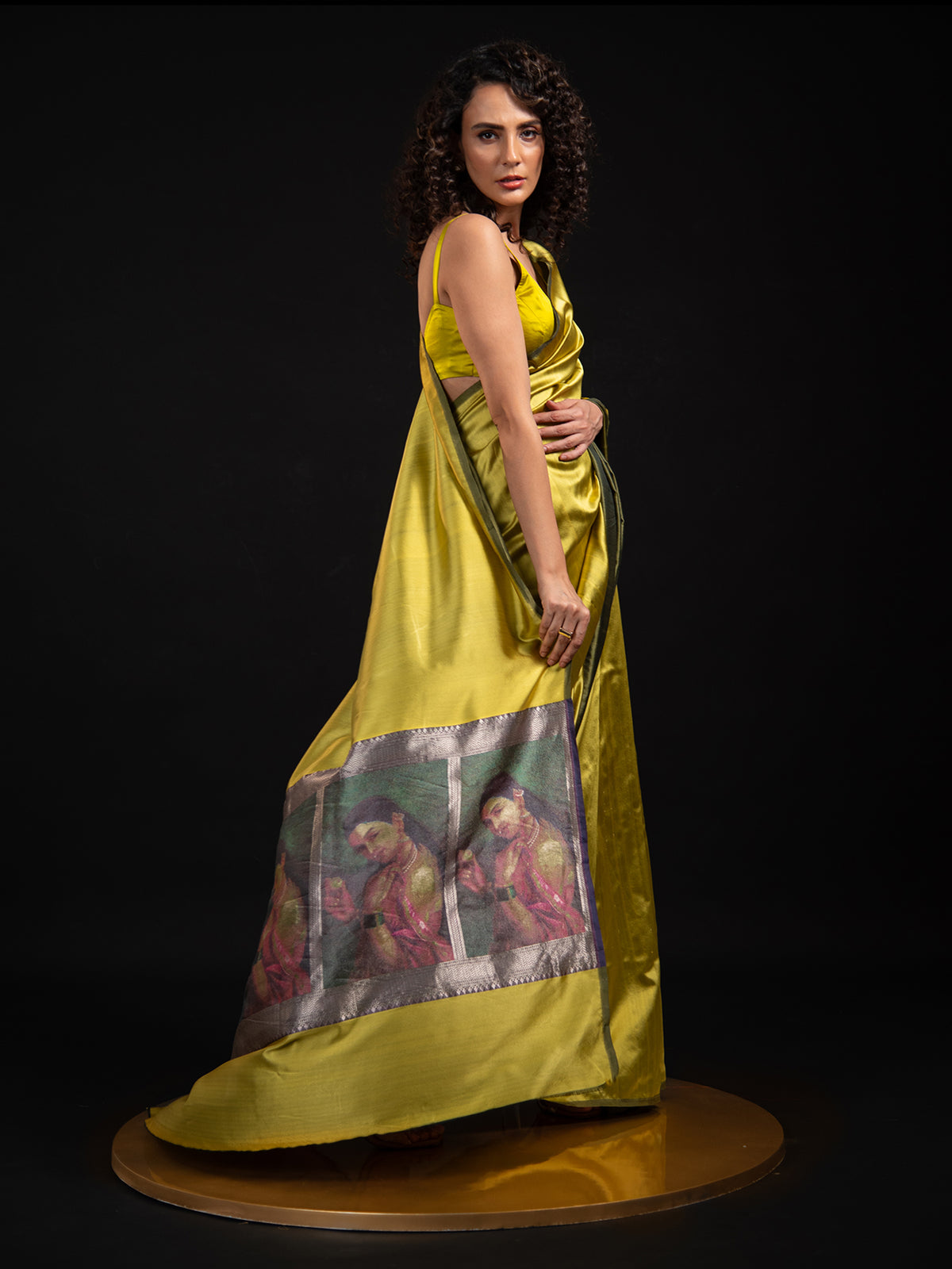Lime Green Plain Satin Silk Handloom Banarasi Saree - Sacred Weaves