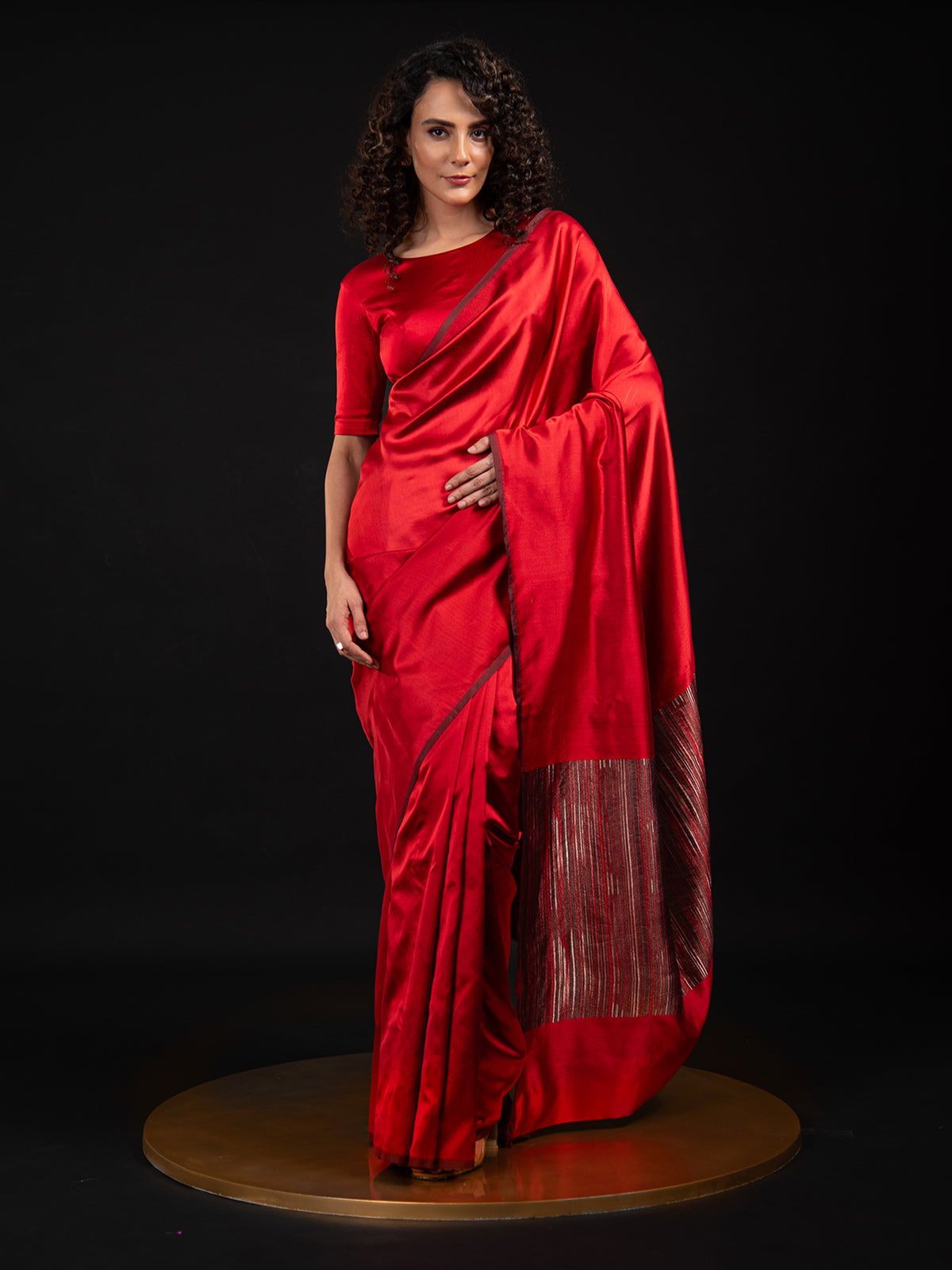 Red Plain Satin Silk Handloom Banarasi Saree - Sacred Weaves